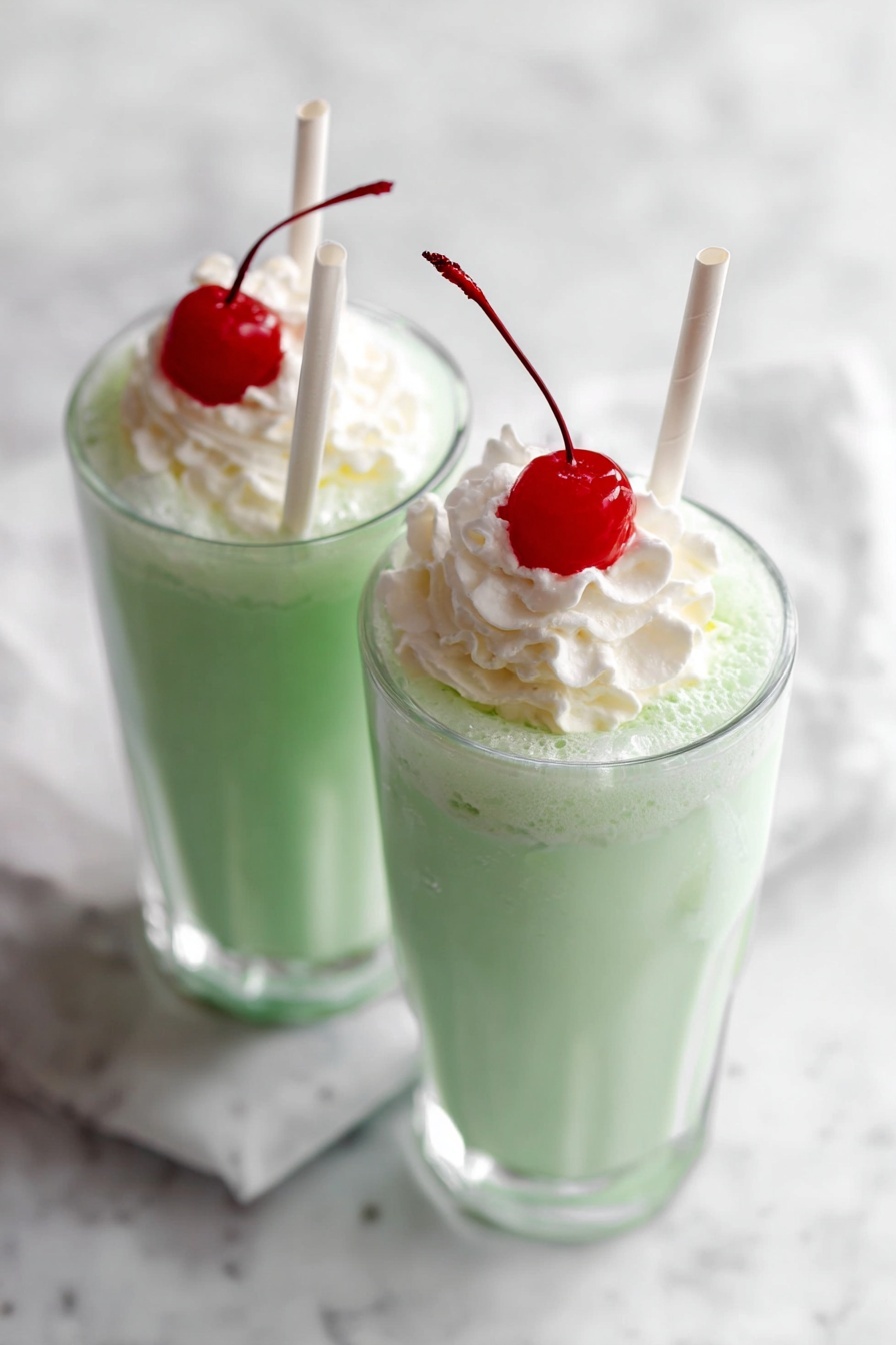Homemade Peppermint Shamrock Shake, mint green shamrock shake, St. Patrick's Day mint shake, easy peppermint milkshake, festive shamrock shake recipe - Two clear glasses are filled with a light green creamy drink. Each glass has a thick white straw. On top of the drink is a swirl of white whipped cream with a bright red cherry placed in the center, its dark stem standing up. The glasses sit on a white marbled surface. photo taken with an iphone --ar 2:3 --v 7