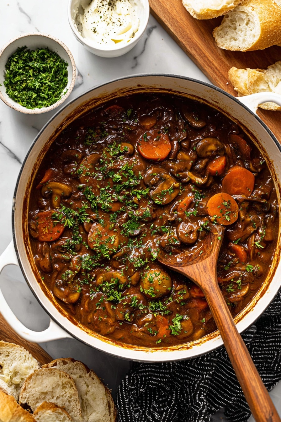 Vegan Mushroom Stew, hearty vegan mushroom stew, plant-based mushroom stew, vegan mushroom soup, comforting vegan stew - A large white pot filled with thick brown stew that has visible slices of carrots, potatoes, and mushrooms, all covered in a rich, chunky sauce. The stew is sprinkled with fresh green herbs on top. A wooden spoon with a smooth, curved handle rests inside the pot, partially submerged in the stew. Around the pot, there are pieces of torn bread on a wooden board, a small white bowl of chopped green herbs, and another white bowl with a creamy white dip. A black and white striped cloth lies under the pot on a white marbled surface. photo taken with an iphone --ar 2:3 --v 7