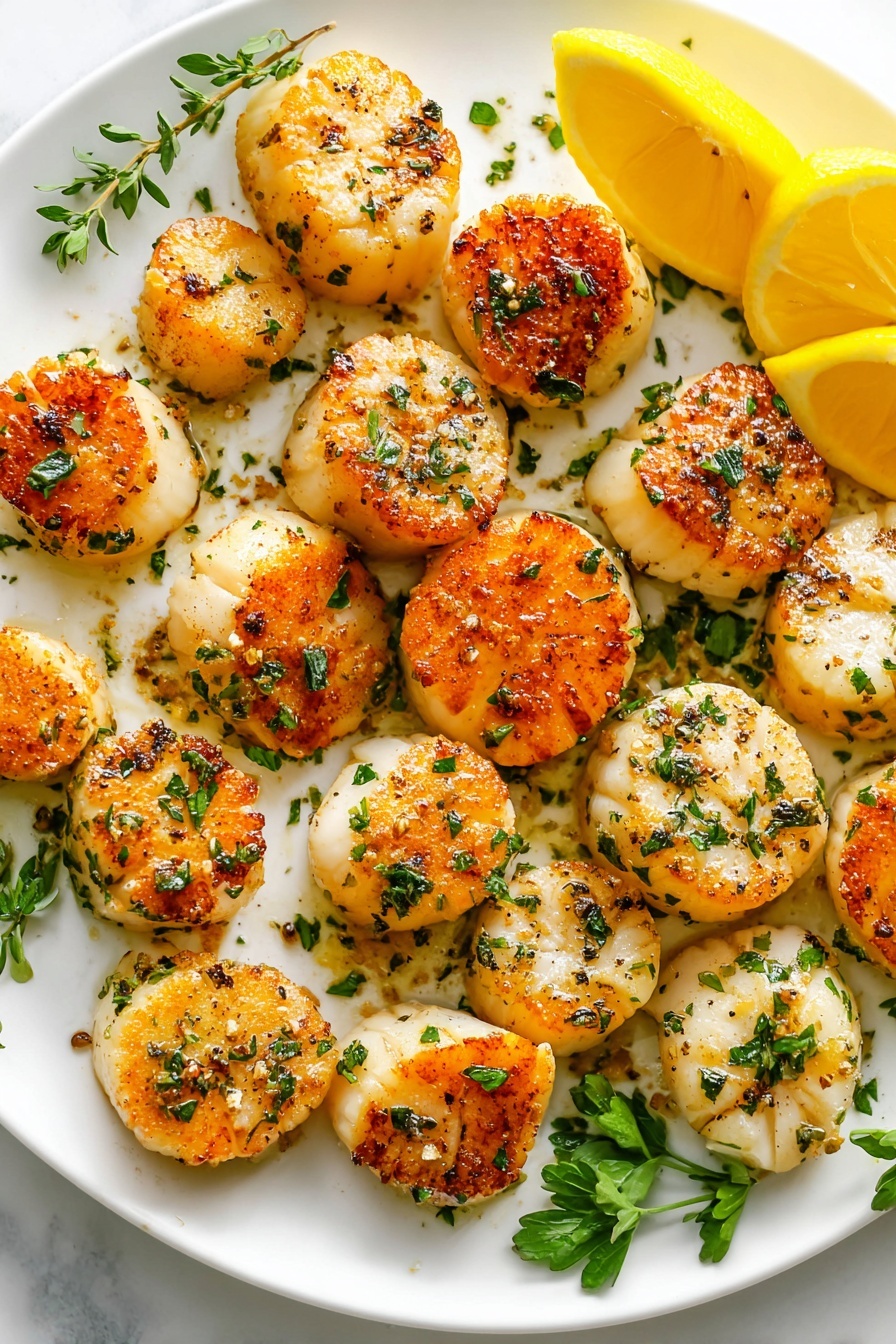 Garlic Butter Seared Scallops, seared scallops recipe, garlic butter seafood, easy scallops dish, quick seafood dinner - The image shows a white plate full of golden brown seared scallops arranged in a scattered pattern, each scallop topped with chopped green herbs like parsley and thyme, and sprinkled with black pepper. The seared parts have a light crispy texture and a reddish-brown color, while the rest of the scallops are creamy white and smooth. There are a few sprigs of fresh green herbs placed around the scallops and two bright yellow lemon wedges on the right side of the plate, adding color contrast. The plate sits on a white marbled surface. Photo taken with an iphone --ar 2:3 --v 7