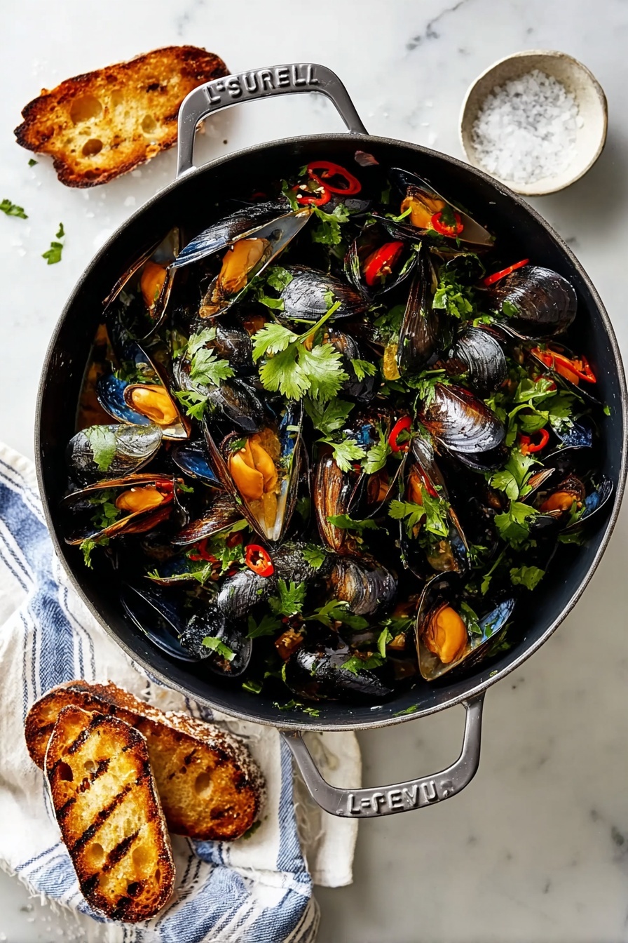 Garlic White Wine Mussels, mussels with garlic and white wine, easy seafood dishes, quick mussel recipes, elegant dinner ideas - A large round black pot filled with cooked mussels, showing many open shells with orange flesh inside, scattered with small red chili slices and fresh green parsley leaves on top. The pot has a metal handle with
