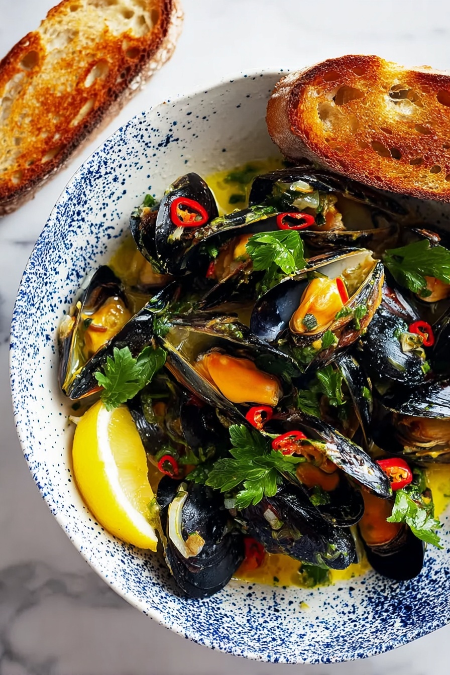 Garlic White Wine Mussels, mussels with garlic and white wine, easy seafood dishes, quick mussel recipes, elegant dinner ideas - A bowl filled with black mussels opened to show bright orange meat inside, covered in a thin yellow sauce with visible small slices of white garlic and thin red chili rings scattered around. On top, fresh green parsley leaves add a touch of brightness, and a yellow lemon wedge sits on the side inside the bowl. The bowl is white with a blue speckled pattern, resting on a white marbled surface. Next to the bowl, there is a piece of toasted bread with a golden brown crust and a crunchy texture. Photo taken with an iphone --ar 2:3 --v 7
