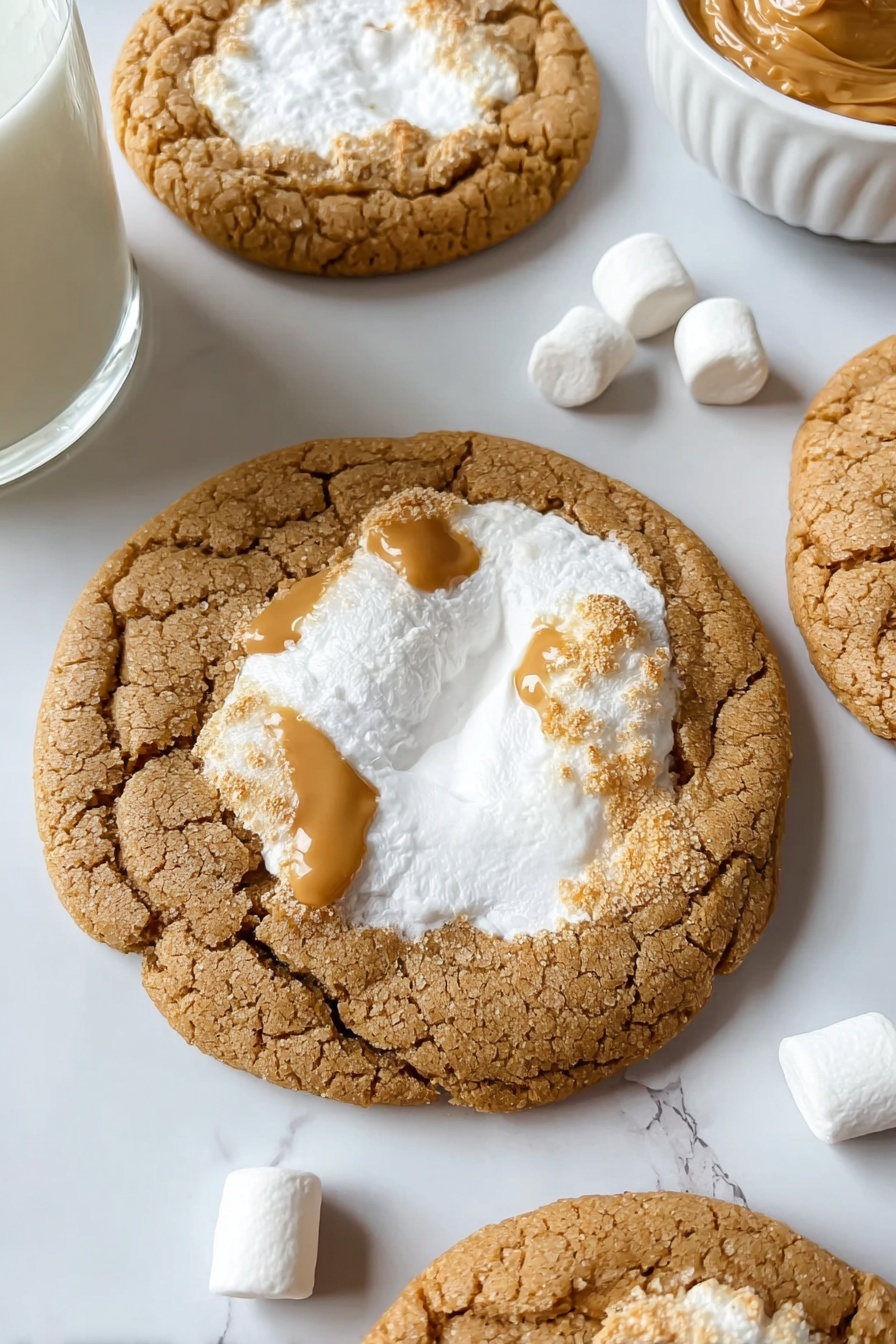 Fluffernutter Cookies, Peanut Butter Marshmallow Cookies, Easy Fluffernutter Cookies, Chewy Peanut Butter Cookies, Marshmallow Cookie Treats - The image shows a close-up of three round cookies with a golden-brown color and cracked texture, each with a large white marshmallow melted in the center. The cookies rest on a white marbled surface with a few small marshmallows scattered nearby. In the upper left part of the image, there is a glass of milk, and on the right side, the edge of a white bowl filled with peanut butter is partially visible. The lighting highlights the soft and slightly uneven surface of the cookies and the glossy melting marshmallow centers. Photo taken with an iphone --ar 2:3 --v 7