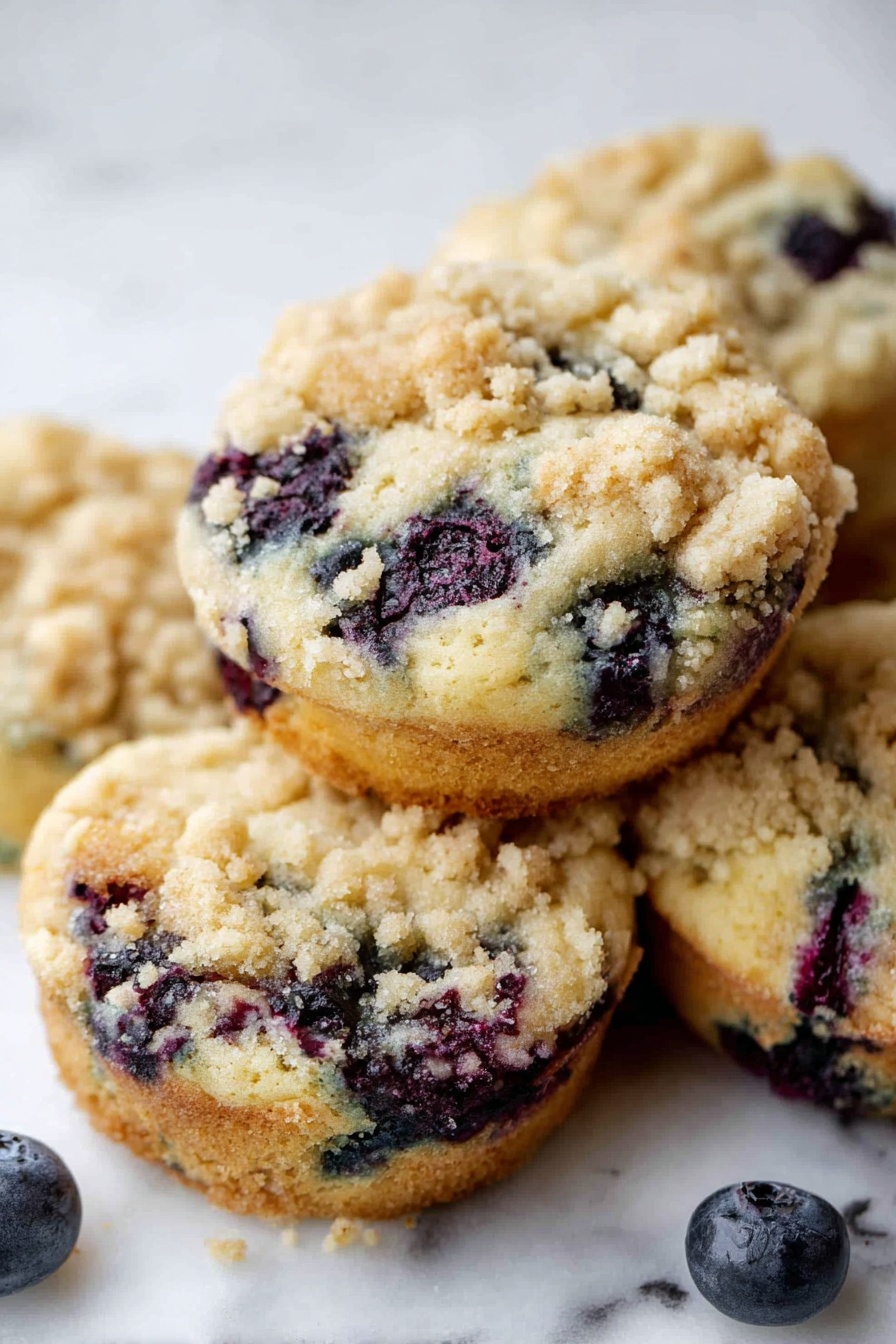 Blueberry Muffin Cookies with Streusel, blueberry muffin cookies, blueberry cookies with streusel, fruit-filled cookie recipes, easy blueberry treats - The image shows a close-up of several round blueberry muffins stacked on a white marbled surface. Each muffin has two visible layers: the base layer is a soft, light yellow cake with dark blueberries embedded throughout, and the top layer is a crumbly, pale golden streusel topping scattered unevenly. The muffins have a soft texture with some berries slightly bursting, adding splashes of dark purple and blue. There are also a few loose blueberries around the muffins on the white marbled surface. The lighting highlights the texture of the crumble and the moistness of the cake underneath photo taken with an iphone --ar 2:3 --v 7