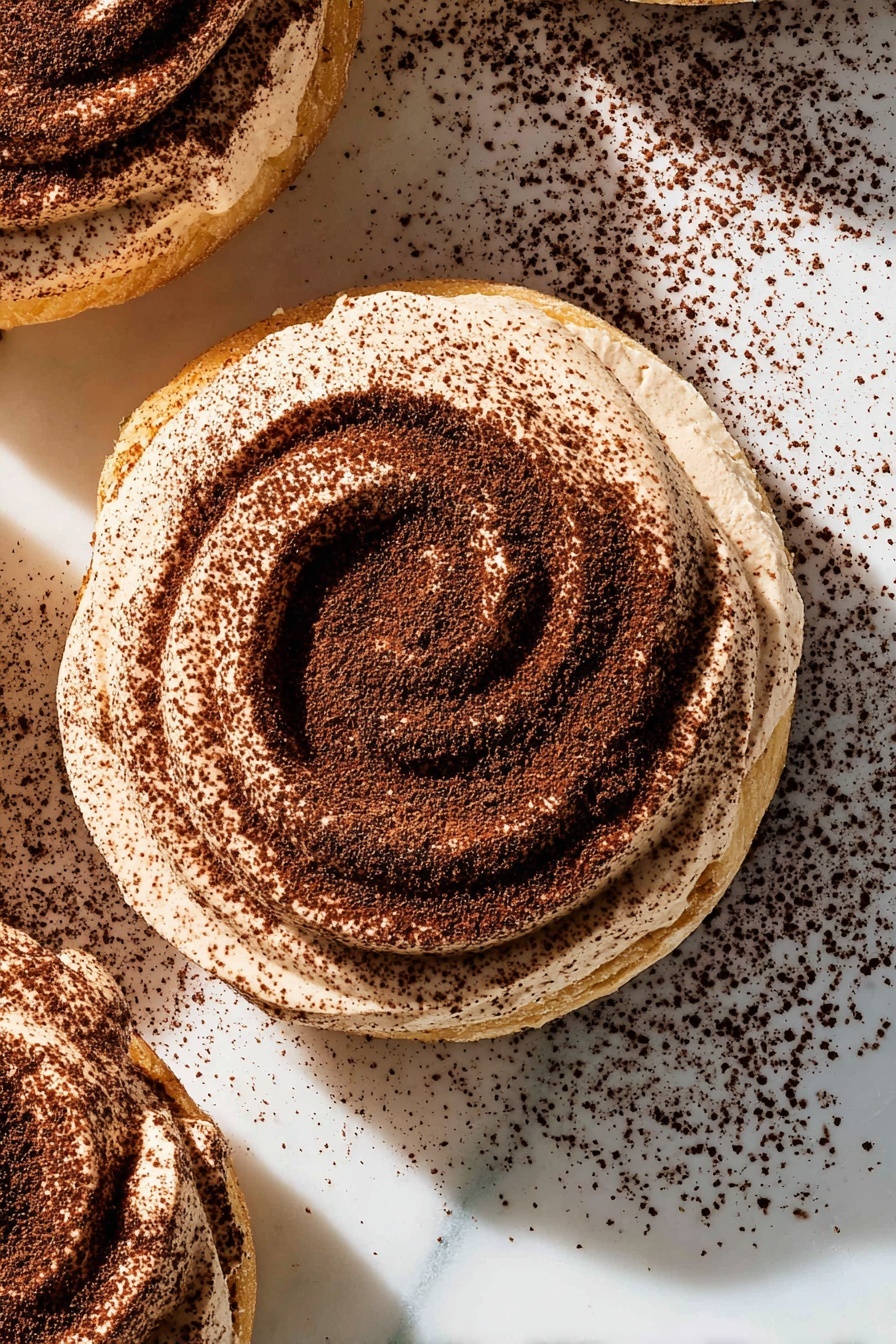 Cheesecake Tiramisu Cookies, tiramisu cookie recipe, coffee-flavored cookies, mascarpone frosting cookies, easy dessert cookies - The image shows a close-up view of round pastries with a light tan base layer that looks soft. Each pastry has a thick, swirled layer of creamy light brown frosting on top. The frosting is dusted heavily with dark brown cocoa powder, which also shadows and spreads around the white marbled surface beneath the pastries. The texture of the frosting is smooth with visible swirls and peaks. The scene is bright and clear, highlighting the contrast between the light frosting and the dark cocoa powder. photo taken with an iphone --ar 2:3 --v 7