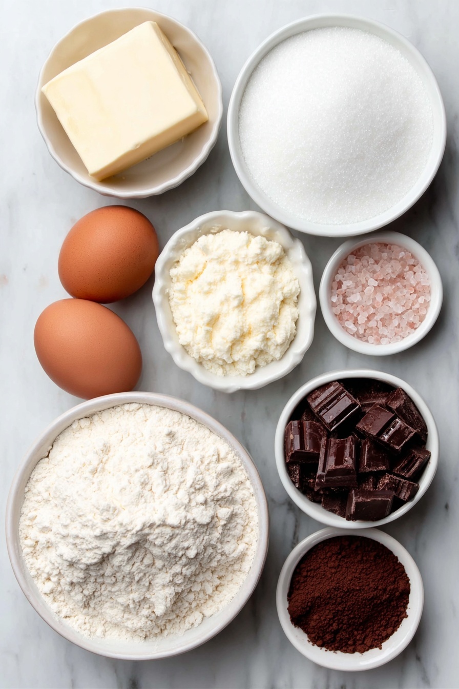 Neapolitan Cookie Dough, Three-flavor cookie recipe, Soft and tender cookies, Vanilla chocolate strawberry cookies, Easy Neapolitan treat - Flat lay of a small mound of softened unsalted butter, a small white bowl filled with granulated sugar, two whole brown eggs with clean shells, a simple white ceramic bowl heaped with soft white cake flour, a small white bowl containing fine cornstarch powder, a small white bowl with natural cocoa powder, a small white bowl holding fine freeze-dried strawberry powder, a small white bowl with light beige baking powder, and a small white bowl with pinkish salt crystals, all carefully arranged in perfect symmetry, placed on a clean white marble surface, soft natural light, photo taken with an iPhone, professional food photography style, fresh ingredients, white ceramic bowls, no bottles, no duplicates, no utensils, no packaging --ar 2:3 --v 7 --p m7354615311229779997