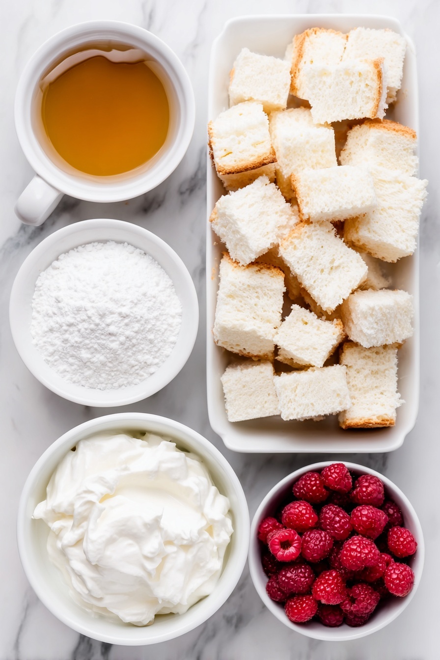 Raspberry Chardonnay Trifle, raspberry Chardonnay dessert, elegant fruit trifle, easy layered trifle recipe, summer fruit dessert - Flat lay of a portion of angel food cake cut into irregular 1-inch pieces, a small white ceramic bowl with pale golden Chardonnay reduction, a small white ceramic bowl of fine white granulated sugar, a handful of fresh bright red raspberries scattered naturally, a medium white ceramic bowl filled with smooth, fluffy whipped cream, a small white ceramic bowl of fine white powdered sugar, and a small white ceramic bowl with clear pale vanilla extract placed neatly in perfect symmetry, placed on a clean white marble surface, soft natural light, photo taken with an iPhone, professional food photography style, fresh ingredients, white ceramic bowls, no bottles, no duplicates, no utensils, no packaging --ar 2:3 --v 7 --p m7354615311229779997