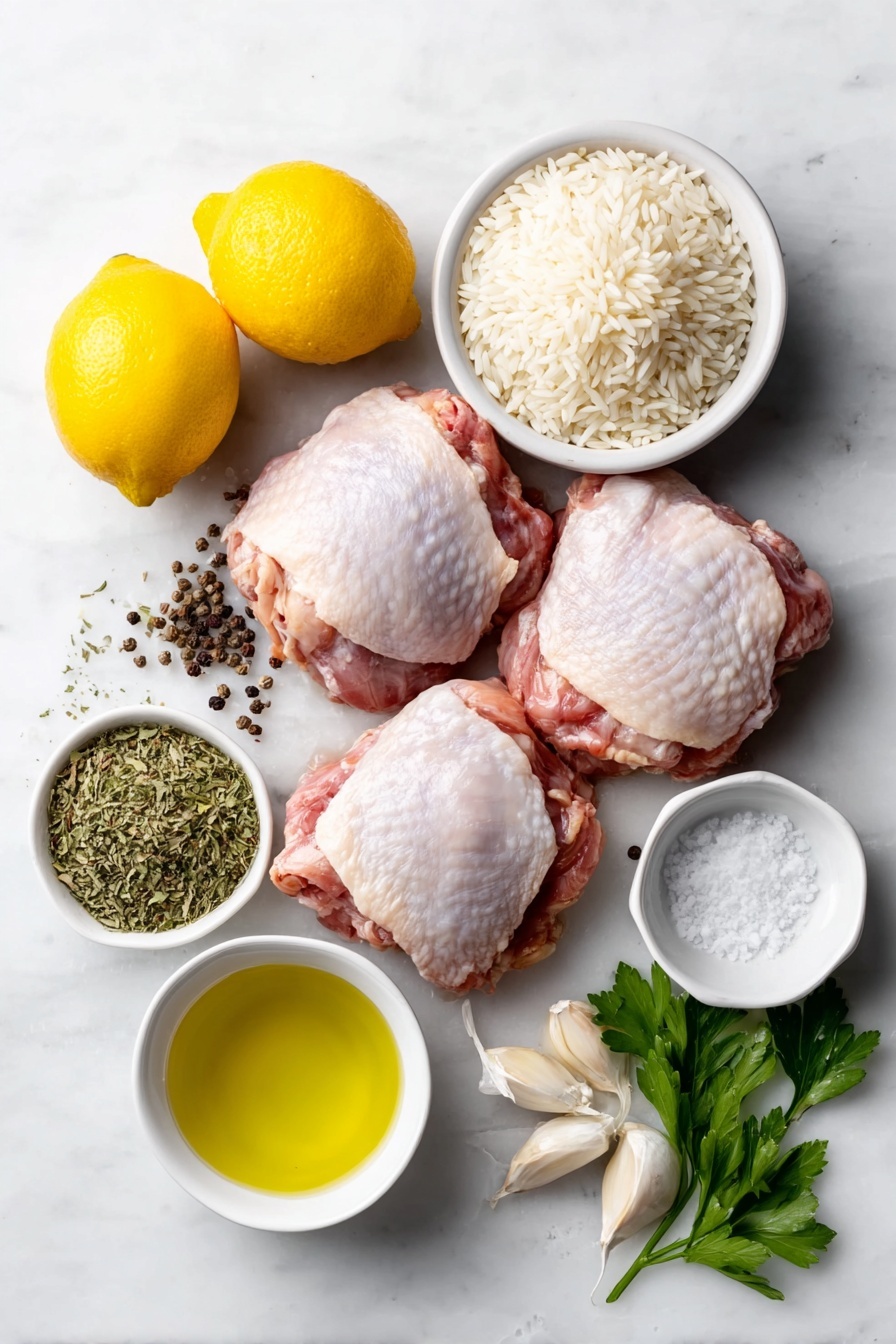 One Pot Greek Lemon Chicken and Rice, Greek Lemon Chicken and Rice, One Pot Chicken and Rice, Easy Greek Chicken Dinner, Lemon Chicken Skillet - Flat lay of five raw bone-in, skin-on chicken thighs arranged neatly, two whole fresh lemons with bright yellow skin, a small pile of lemon zest shavings, four garlic cloves with papery skins intact, a small mound of dried oregano herb, one small peeled onion diced finely, a small white ceramic bowl with long grain uncooked rice, a small white ceramic bowl filled with clear chicken broth, a small white ceramic bowl of water, a small white ceramic bowl containing golden olive oil, a white ceramic bowl sprinkled with coarse salt, a heap of whole black peppercorns scattered evenly, and a few sprigs of fresh parsley placed delicately — all ingredients fresh and natural, balanced in perfect symmetry on a clean white marble surface, soft natural light, photo taken with an iPhone, professional food photography style, fresh ingredients, white ceramic bowls, no bottles, no duplicates, no utensils, no packaging --ar 2:3 --v 7 --p m7354615311229779997