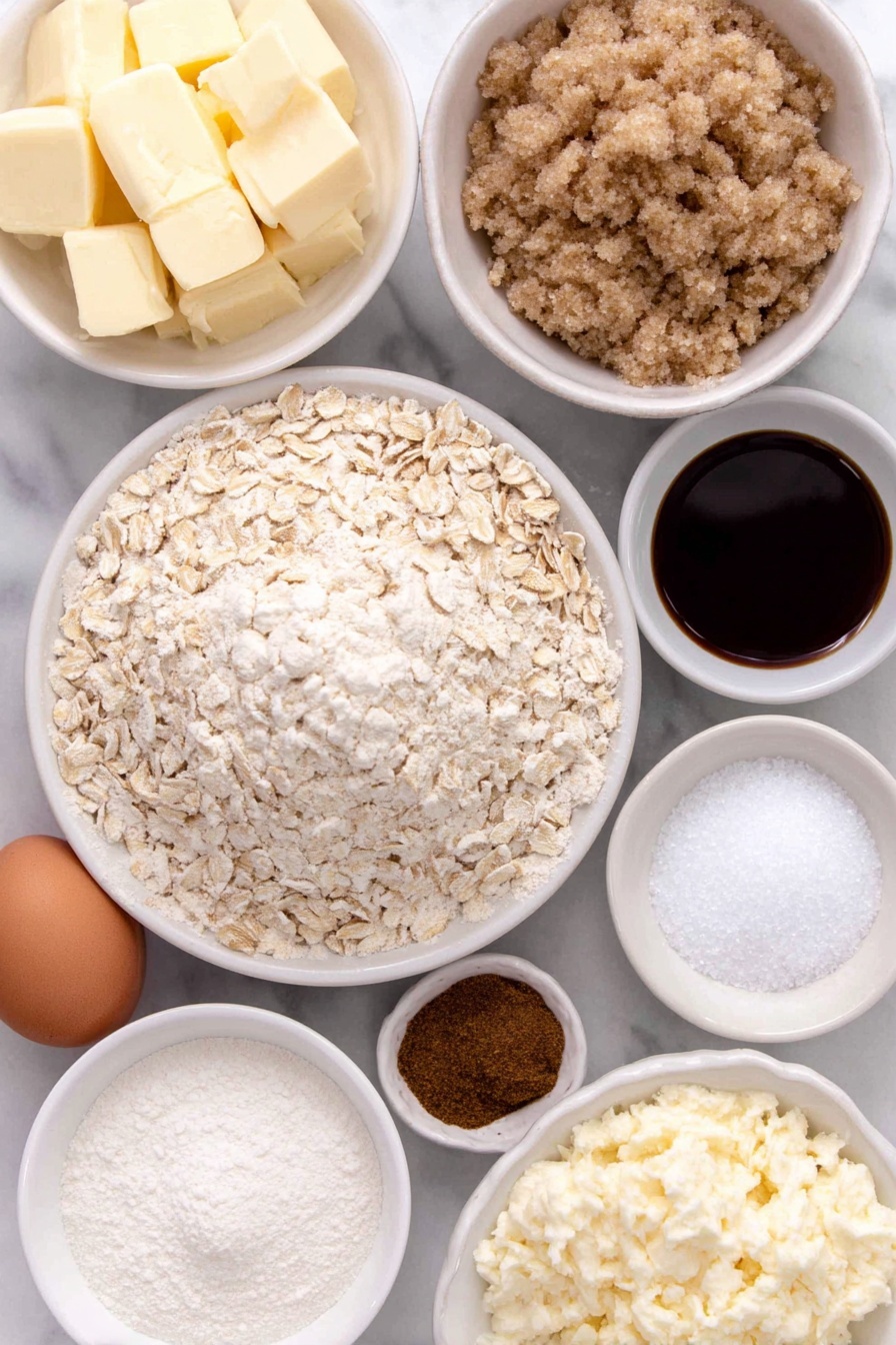 Iced Oatmeal Cookie Bars, oatmeal cookie bars, no-bake oatmeal bars, easy oatmeal cookie bars, chewy oatmeal bar recipe - Flat lay of a small mound of old fashioned oats, a small white ceramic bowl of melted unsalted butter, a small white bowl of all-purpose flour, a small white bowl with ground cinnamon, a small white bowl with baking soda, a few grains of coarse salt scattered near a small white bowl, a small white bowl of granulated sugar, a small white bowl of packed light brown sugar, one whole uncracked large brown egg, a small white bowl of golden molasses, a small white bowl of powdered sugar, a small white bowl of whole milk, and a small white bowl with clear vanilla extract, all arranged with perfect symmetry and balanced proportions, placed on a clean white marble surface, soft natural light, photo taken with an iPhone, professional food photography style, fresh ingredients, white ceramic bowls, no bottles, no duplicates, no utensils, no packaging --ar 2:3 --v 7 --p m7354615311229779997