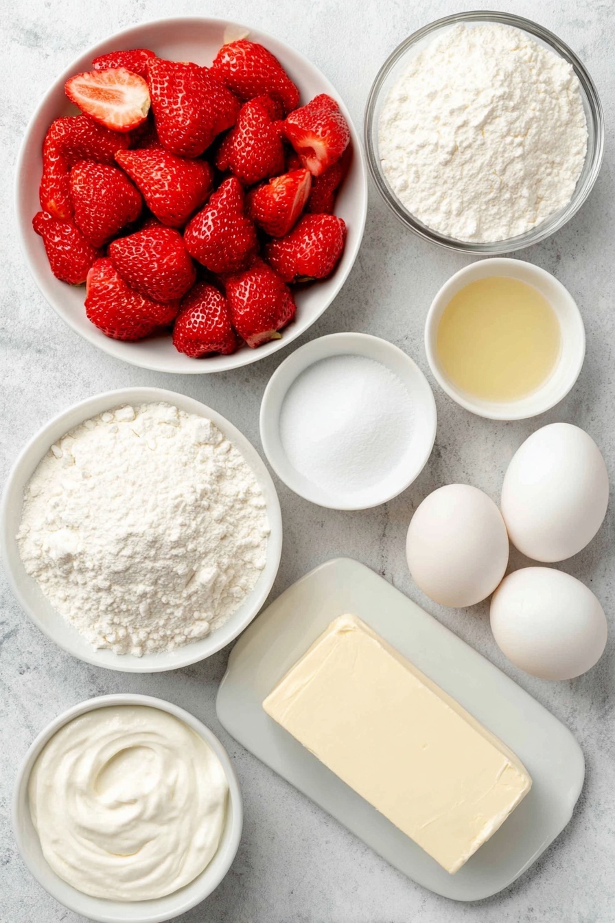 Strawberry Cake with Cream Cheese Frosting, strawberry cake recipe, homemade strawberry cake, easy strawberry cake, moist strawberry cake - Flat lay of fresh quartered strawberries, a small white bowl of whole milk, a small white bowl of clear avocado oil, a few tablespoons of softened unsalted butter on a simple white ceramic plate, a small white bowl filled with granulated sugar, a small white bowl of vanilla extract, a neat pile of cake flour, a small white bowl of baking powder, a small white bowl of salt, six whole clean uncracked large white eggs, a small white bowl of cornstarch, a small white bowl of lemon juice, a block of softened cream cheese on a simple white ceramic plate, a small white bowl of powdered sugar, a small white bowl of cold heavy cream placed on a clean white marble surface, soft natural light, photo taken with an iPhone, professional food photography style, fresh ingredients, white ceramic bowls, no bottles, no duplicates, no utensils, no packaging --ar 2:3 --v 7 --p m7354615311229779997