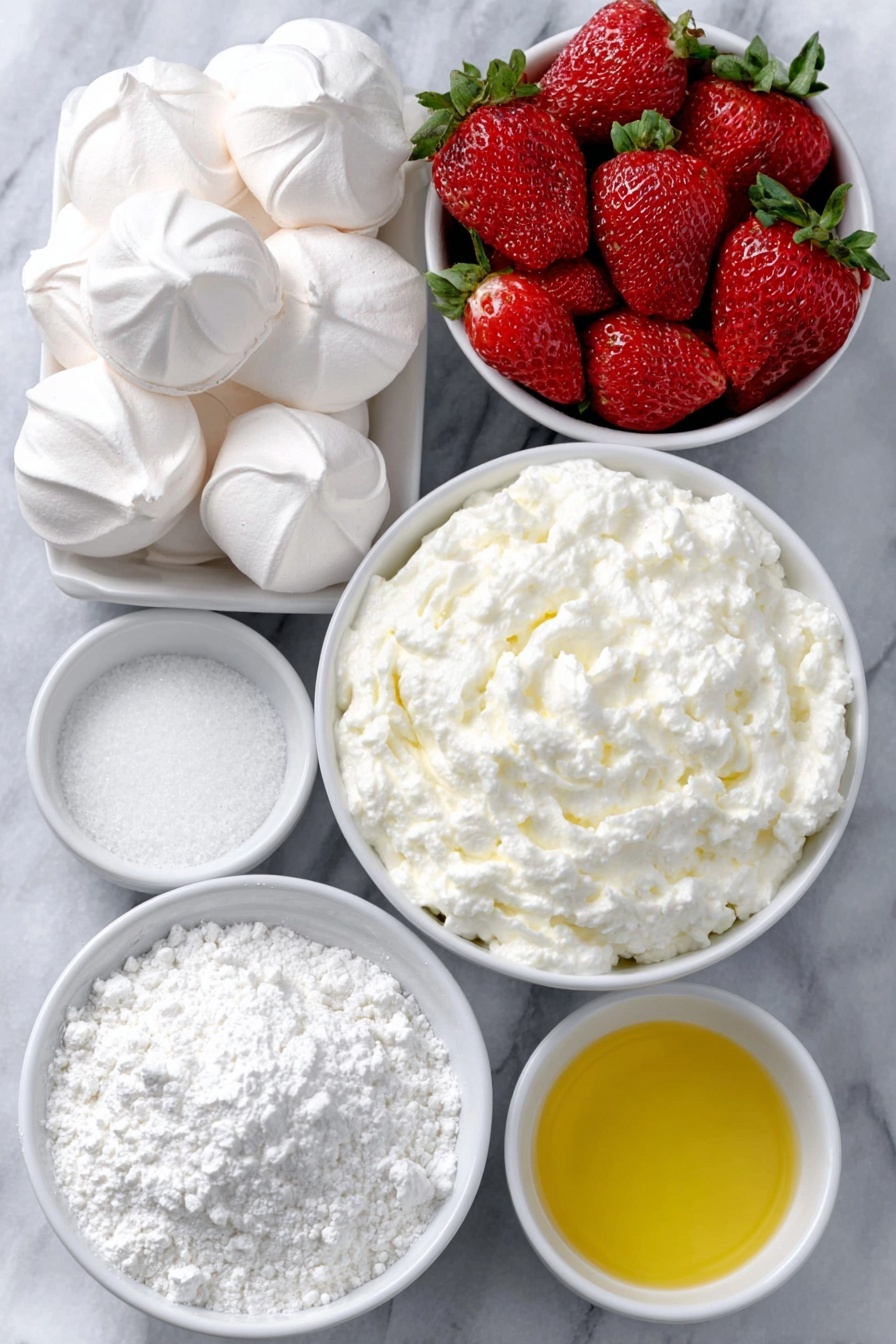 Strawberry Eton Mess with Meringue and Cream, Eton Mess dessert, summer berry dessert, classic British dessert, easy fruit dessert - Flat lay of a batch of whole unbroken white meringue cookies, a small white ceramic bowl with bright red quartered fresh strawberries, a small white ceramic bowl with fine white granulated sugar, a small white ceramic bowl with fine white cornstarch, a small white ceramic bowl with fresh yellow lemon juice, a large white ceramic bowl filled with thick, fluffy whipped cream, a small white ceramic bowl with powdered sugar, a small white ceramic bowl with clear vanilla extract, all ingredients fresh and natural, arranged in perfect symmetry and balanced proportions, placed on a clean white marble surface, soft natural light, photo taken with an iPhone, professional food photography style, fresh ingredients, white ceramic bowls, no bottles, no duplicates, no utensils, no packaging --ar 2:3 --v 7 --p m7354615311229779997