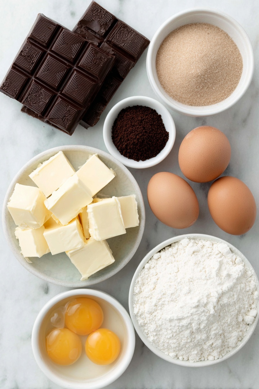 Decadent Chocolate Lava Cakes, molten chocolate cake recipe, easy lava cake, rich chocolate dessert, best chocolate lava cake - Flat lay of a small pile of unsalted butter pieces, a broken bar of dark semisweet chocolate with coarse chunks, two whole large brown eggs, two additional large egg yolks in a small white ceramic bowl, a small white bowl filled with light brown sugar, a small white bowl of all-purpose flour, a pinch of salt in a tiny white bowl, a tiny white bowl holding instant coffee granules, and another tiny white bowl with clear vanilla extract placed on a clean white marble surface, soft natural light, photo taken with an iPhone, professional food photography style, fresh ingredients, white ceramic bowls, no bottles, no duplicates, no utensils, no packaging --ar 2:3 --v 7 --p m7354615311229779997