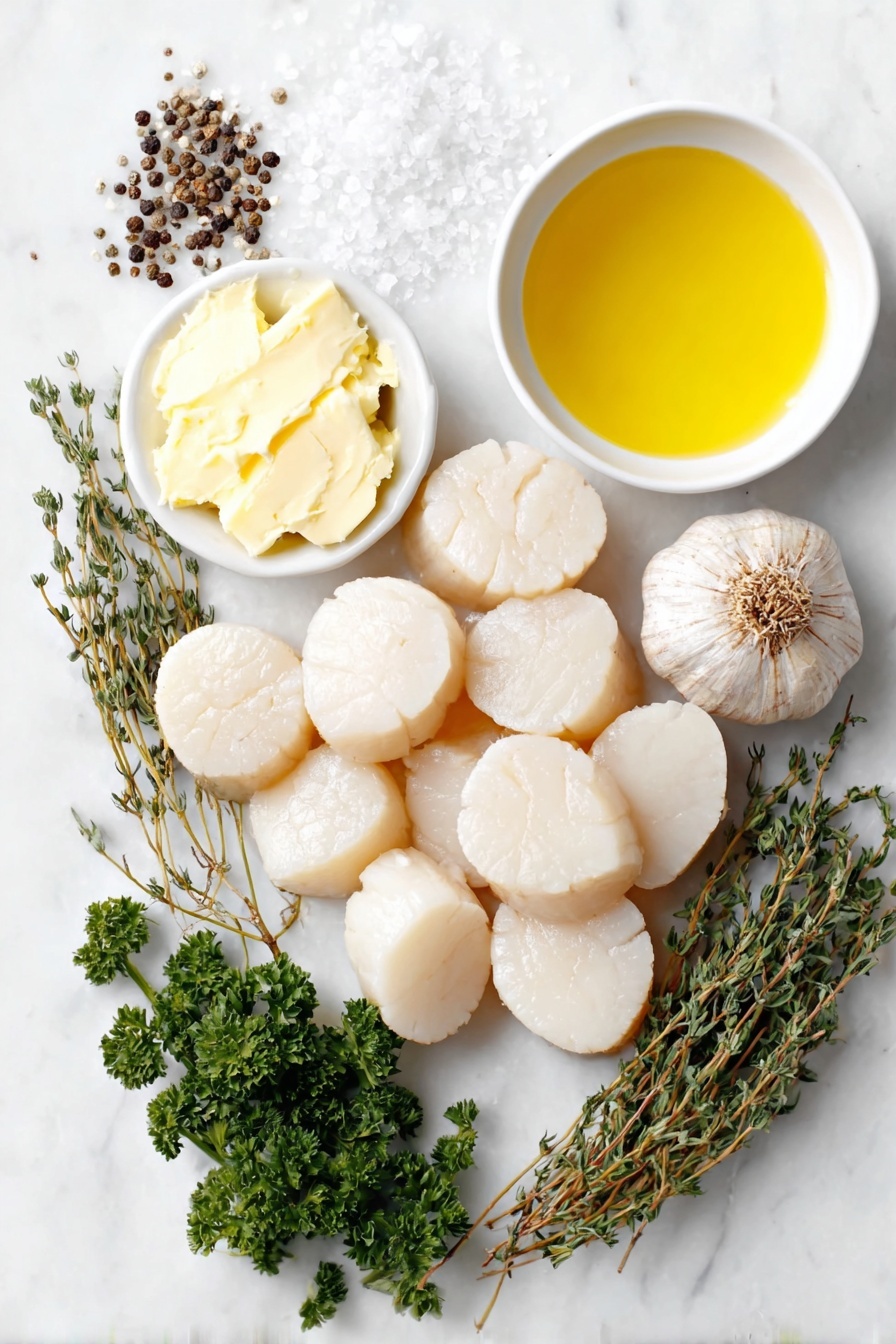 Garlic Butter Seared Scallops, seared scallops recipe, garlic butter seafood, easy scallops dish, quick seafood dinner - Flat lay of large fresh sea scallops with creamy white flesh and slight translucent edges, a small mound of coarse sea salt crystals, a few scattered black peppercorns, a small white ceramic bowl holding bright golden olive oil, a simple white ceramic bowl with softened pale yellow salted butter, a small white bowl containing vibrant yellow lemon juice, two whole uncracked brown garlic bulbs with papery skins intact, fresh thyme sprigs with tiny green leaves, fresh flat-leaf parsley bunch with bright green chopped leaves all arranged in perfect symmetrical balance, placed on a clean white marble surface, soft natural light, photo taken with an iPhone, professional food photography style, fresh ingredients, white ceramic bowls, no bottles, no duplicates, no utensils, no packaging --ar 2:3 --v 7 --p m7354615311229779997