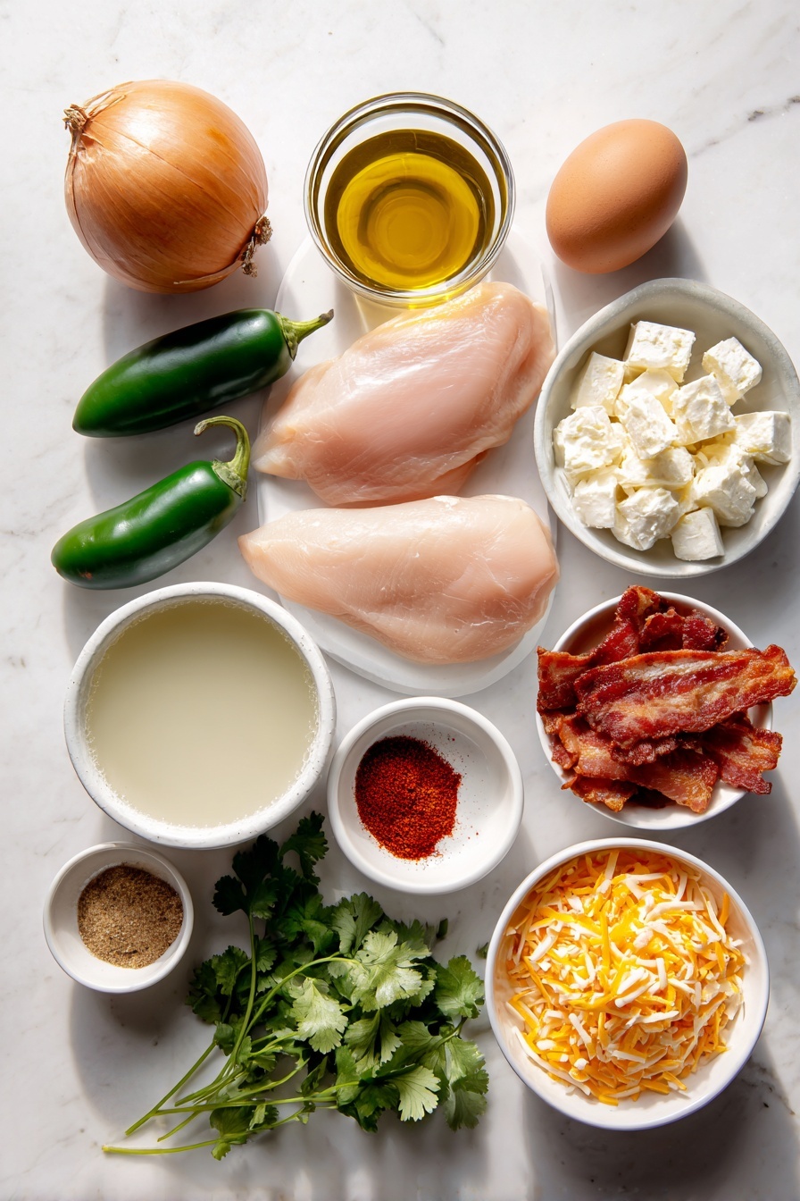 Spicy Jalapeño Chicken Soup, jalapeño chicken soup, spicy chicken soup recipe, creamy jalapeño soup, easy jalapeño chicken soup - Flat lay of a small white ceramic bowl of golden olive oil, a medium yellow onion diced into cubes, three whole brown garlic cloves, two fresh green jalapeños with seeds removed and diced, two raw boneless skinless chicken breasts, a small white ceramic bowl filled with clear chicken broth, a small white ceramic bowl with thick heavy cream, a small white ceramic bowl containing ground cumin powder, a small white ceramic bowl of bright red paprika powder, one whole uncracked brown egg (to represent egg inclusion), a small white ceramic bowl of softened cream cheese, a small white ceramic bowl filled with shredded sharp orange cheddar cheese, a small white ceramic bowl holding crumbled crispy bacon, a few sprigs of fresh green cilantro loosely arranged all placed on a clean white marble surface, soft natural light, photo taken with an iPhone, professional food photography style, fresh ingredients, white ceramic bowls, no bottles, no duplicates, no utensils, no packaging --ar 2:3 --v 7 --p m7354615311229779997