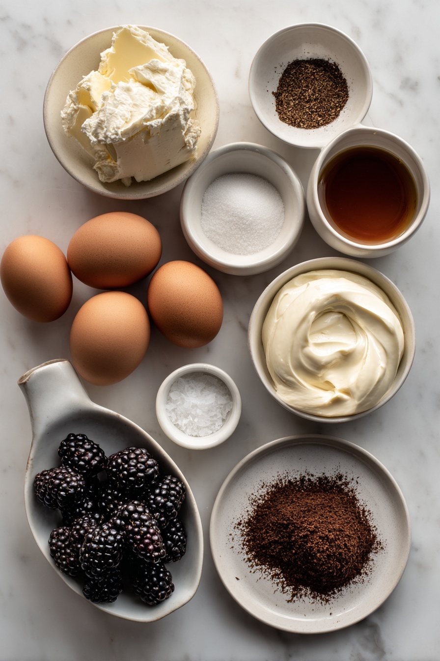 Hojicha Basque Cheesecake with Blackberries, roasted green tea cheesecake, Japanese green tea dessert, blackberry topping cheesecake, sophisticated cheesecake recipe - Flat lay of two pounds full fat cream cheese with a smooth surface, a small pile of loose dark brown hojicha tea leaves, three tablespoons of finely ground light brown hojicha powder in a small white ceramic bowl, six large whole eggs with clean light brown shells, a small white ceramic bowl filled with thick heavy cream, a small white ceramic bowl of smooth creme fraiche, a small white ceramic bowl of granulated white sugar, a small white ceramic bowl of white cornstarch, a small white ceramic bowl of coarse kosher salt crystals, a small white ceramic bowl with glossy dark amber hojicha caramel, and a simple white ceramic plate holding a small cluster of fresh blackberries with deep purple-black skins, all arranged symmetrically and balanced on a clean white marble surface, soft natural light, photo taken with an iPhone, professional food photography style, fresh ingredients, white ceramic bowls, no bottles, no duplicates, no utensils, no packaging --ar 2:3 --v 7 --p m7354615311229779997