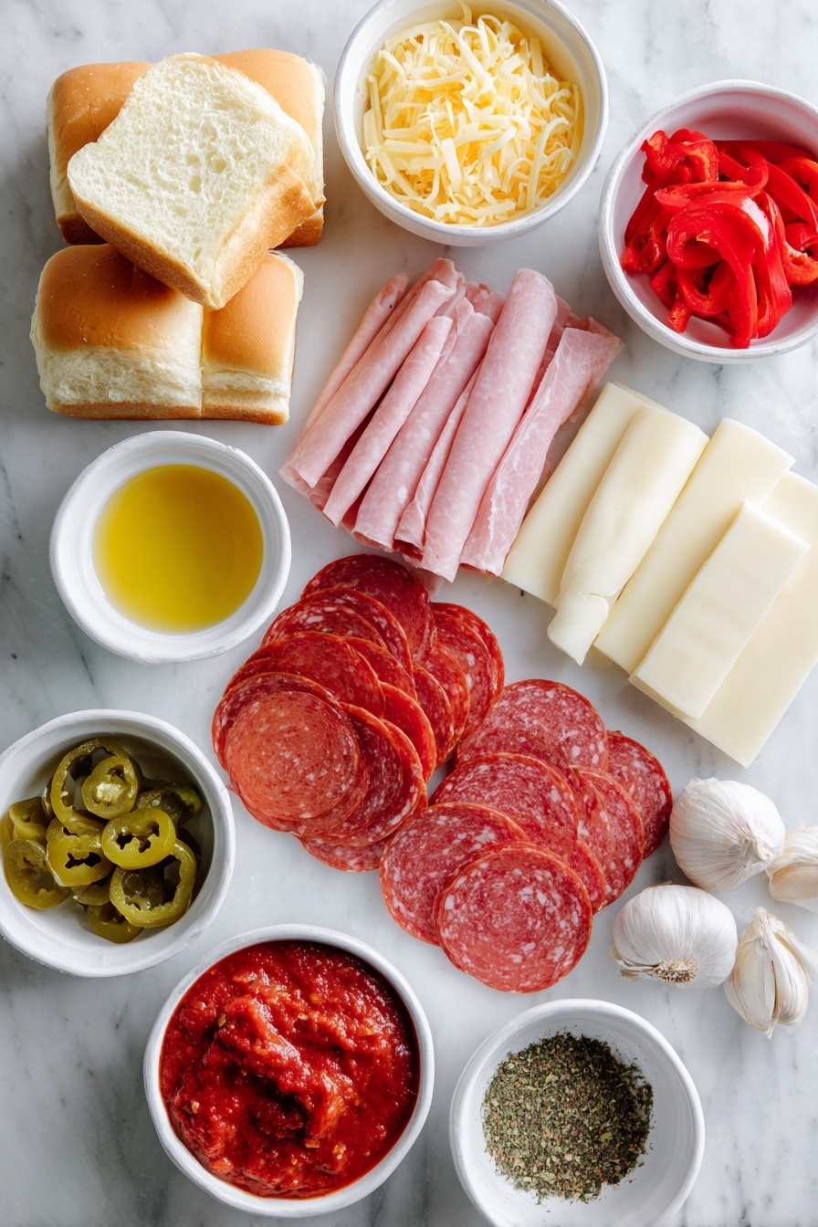 Italian Sub Slider Sandwiches, Italian Sub Sandwiches, Slider Sandwiches Recipe, Party Slider Sandwiches, Italian Deli Sandwiches - Flat lay of a small stack of golden halved Hawaiian rolls, thinly sliced pink ham, folded red salami slices, round pepperoni slices with a rich red color, smooth white provolone cheese slices, a small white bowl of sliced green pepperoncini, a small white bowl of sliced bright red pickled hot cherry peppers, a small white bowl of melted golden butter, fresh garlic cloves whole and uncracked, a small white bowl of mixed Italian seasoning herbs, and a small white bowl of vibrant red marinara sauce, all arranged with perfect symmetry on a clean white marble surface, soft natural light, photo taken with an iPhone, professional food photography style, fresh ingredients, white ceramic bowls, no bottles, no duplicates, no utensils, no packaging --ar 2:3 --v 7 --p m7354615311229779997