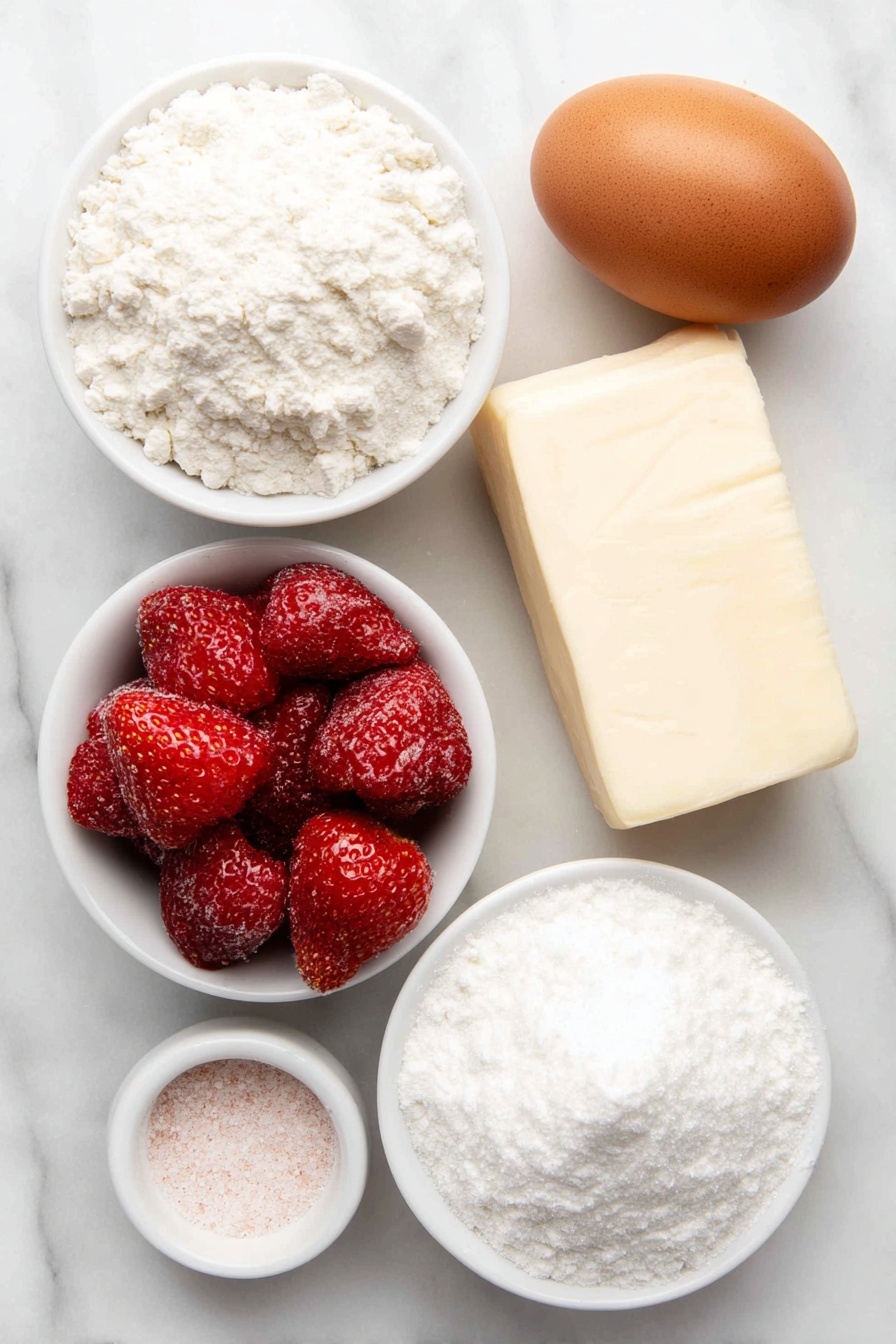 Strawberry Cookies, Strawberry Cookies Recipe, Easy Strawberry Cookies, Fruit-flavored Cookies, Chewy Strawberry Cookies - Flat lay of a small heap of bright red freeze-dried strawberries, a thick slab of pale yellow unsalted butter, a small mound of white granulated sugar, a single large brown egg with a clean uncracked shell, a neat pile of white all-purpose flour, a tiny white ceramic bowl of fine pink strawberry powder, a tiny white ceramic bowl of fine white granulated sugar, a small pinch of salt crystals, a small pinch of baking soda, all arranged symmetrically on a clean white marble surface, soft natural light, photo taken with an iPhone, professional food photography style, fresh ingredients, white ceramic bowls, no bottles, no duplicates, no utensils, no packaging --ar 2:3 --v 7 --p m7354615311229779997