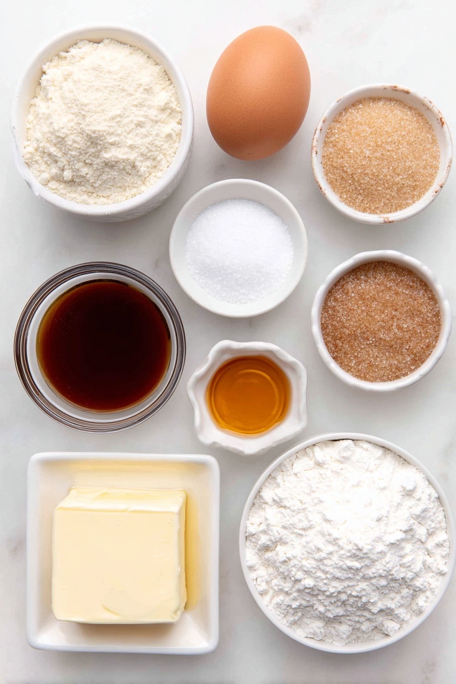 Waffle Cookie with Maple Glaze, Maple Glaze Waffle Cookies, Crispy Waffle Cookie Recipe, Buttered Maple Cookie Treats, Weekend Baking Waffle Cookies - Flat lay of a small pat of unsalted butter, a small white ceramic bowl with granulated sugar, a small white ceramic bowl with light brown sugar, one large whole brown egg, a small white ceramic bowl with vanilla extract, a small white ceramic bowl holding all-purpose flour, a small white ceramic bowl with cornstarch, a small white ceramic bowl with baking powder, a small white ceramic bowl with baking soda, a small white ceramic bowl with table salt, a small white ceramic bowl filled with amber maple syrup, a small pat of melted salted butter on a white ceramic dish, and a small white ceramic bowl piled with powdered sugar, all arranged symmetrically and balanced, placed on a clean white marble surface, soft natural light, photo taken with an iPhone, professional food photography style, fresh ingredients, white ceramic bowls, no bottles, no duplicates, no utensils, no packaging --ar 2:3 --v 7 --p m7354615311229779997