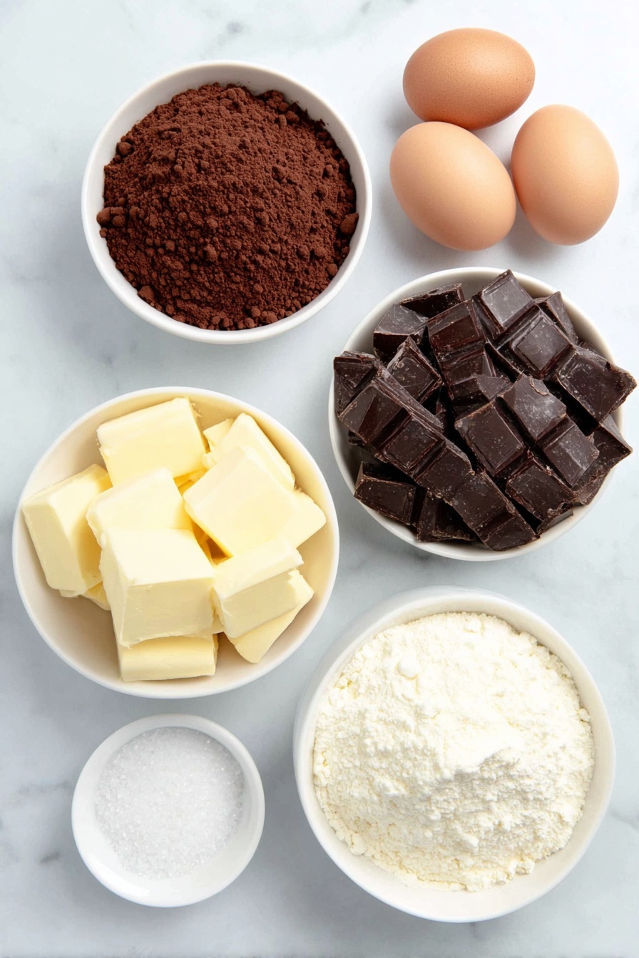 Flourless Chocolate Cake with Ganache, gluten-free chocolate cake, decadent chocolate dessert, easy flourless chocolate cake, rich chocolate ganache cake - Flat lay of a small white ceramic bowl filled with unsweetened cocoa powder, a small white bowl holding coarsely chopped dark chocolate pieces, a few unwrapped cubes of unsalted butter, four whole uncracked brown eggs arranged neatly, a small white ceramic bowl with granulated white sugar, a tiny white bowl containing fine instant coffee powder, a small white bowl with clear vanilla extract, a pinch of fine salt displayed as a small heap on the white surface, placed on a clean white marble surface, soft natural light, photo taken with an iPhone, professional food photography style, fresh ingredients, white ceramic bowls, no bottles, no duplicates, no utensils, no packaging --ar 2:3 --v 7 --p m7354615311229779997