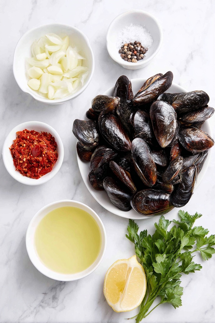 Garlic White Wine Mussels, mussels with garlic and white wine, easy seafood dishes, quick mussel recipes, elegant dinner ideas - Flat lay of fresh whole mussels in their shells arranged beside a small white ceramic bowl of rich golden butter, another bowl holding thinly sliced garlic cloves, a small white bowl with finely chopped red chili, a white bowl filled with clear white wine, a small white bowl containing bright yellow lemon juice, a neat pile of fresh green parsley sprigs, and small heaps of coarse salt and cracked black pepper all placed symmetrically on a clean white marble surface, soft natural light, photo taken with an iPhone, professional food photography style, fresh ingredients, white ceramic bowls, no bottles, no duplicates, no utensils, no packaging --ar 2:3 --v 7 --p m7354615311229779997