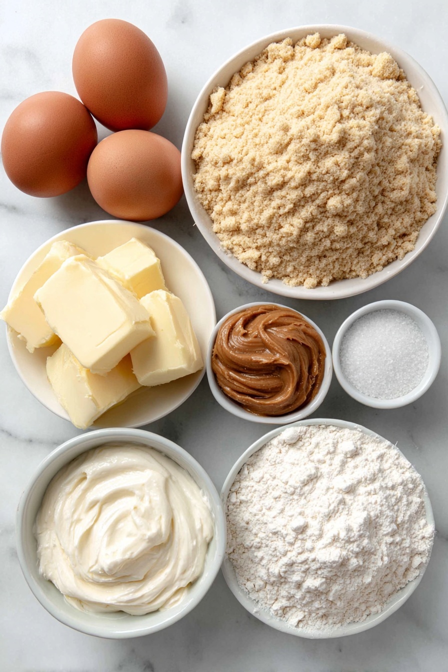 Fluffernutter Cookies, Peanut Butter Marshmallow Cookies, Easy Fluffernutter Cookies, Chewy Peanut Butter Cookies, Marshmallow Cookie Treats - Flat lay of a small pile of light golden all-purpose flour, a few uncracked brown eggs with smooth shells, a small white ceramic bowl of creamy pale yellow unsalted butter, a small white ceramic bowl of smooth light brown creamy peanut butter, a small white ceramic bowl of coarse white granulated sugar, a small white ceramic bowl of soft golden brown packed brown sugar, a small white ceramic bowl filled with glossy white marshmallow cream, a few granules of baking soda and baking powder scattered neatly, a small white ceramic bowl of fine white cornstarch, and a small white ceramic bowl with fine white salt, all arranged with perfect symmetry on a clean white marble surface, soft natural light, photo taken with an iPhone, professional food photography style, fresh ingredients, white ceramic bowls, no bottles, no duplicates, no utensils, no packaging --ar 2:3 --v 7 --p m7354615311229779997