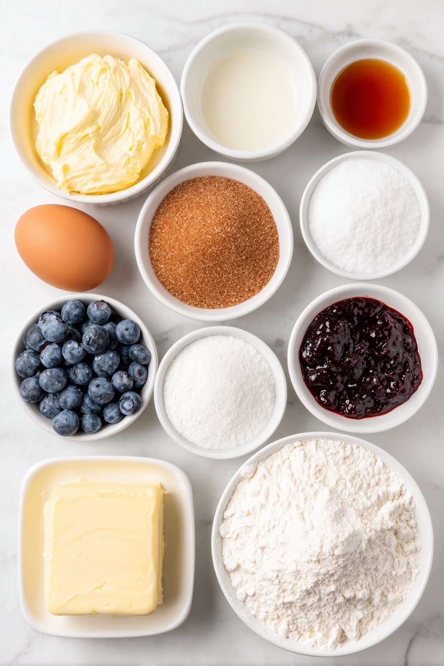 Blueberry Muffin Cookies with Streusel, blueberry muffin cookies, blueberry cookies with streusel, fruit-filled cookie recipes, easy blueberry treats - Flat lay of a small pile of softened pale yellow butter, a small white ceramic bowl with glossy white granulated sugar, a small white ceramic bowl with rich golden brown sugar, one whole uncracked large brown egg with a clean shell, a small white ceramic bowl filled with clear pale vanilla extract, a small white ceramic bowl holding fine off-white all purpose flour, a small white ceramic bowl containing fine white corn starch, a small white ceramic bowl with light beige baking powder, a small white ceramic bowl with fine off-white baking soda powder, a small white ceramic bowl with white salt crystals, a small cluster of plump fresh blue blueberries with a slight sheen, a small white ceramic bowl with shiny deep purple blueberry jam, a small white ceramic bowl of light golden yellow butter for the streusel, a small white ceramic bowl of brown sugar with visible soft grains, a small white ceramic bowl of white granulated sugar, a small white ceramic bowl with pale all purpose flour, a small white ceramic bowl with fine white salt, and a small white ceramic bowl with warm brown cinnamon powder — all ingredients arranged symmetrically and balanced, placed on a clean white marble surface, soft natural light, photo taken with an iPhone, professional food photography style, fresh ingredients, white ceramic bowls, no bottles, no duplicates, no utensils, no packaging --ar 2:3 --v 7 --p m7354615311229779997