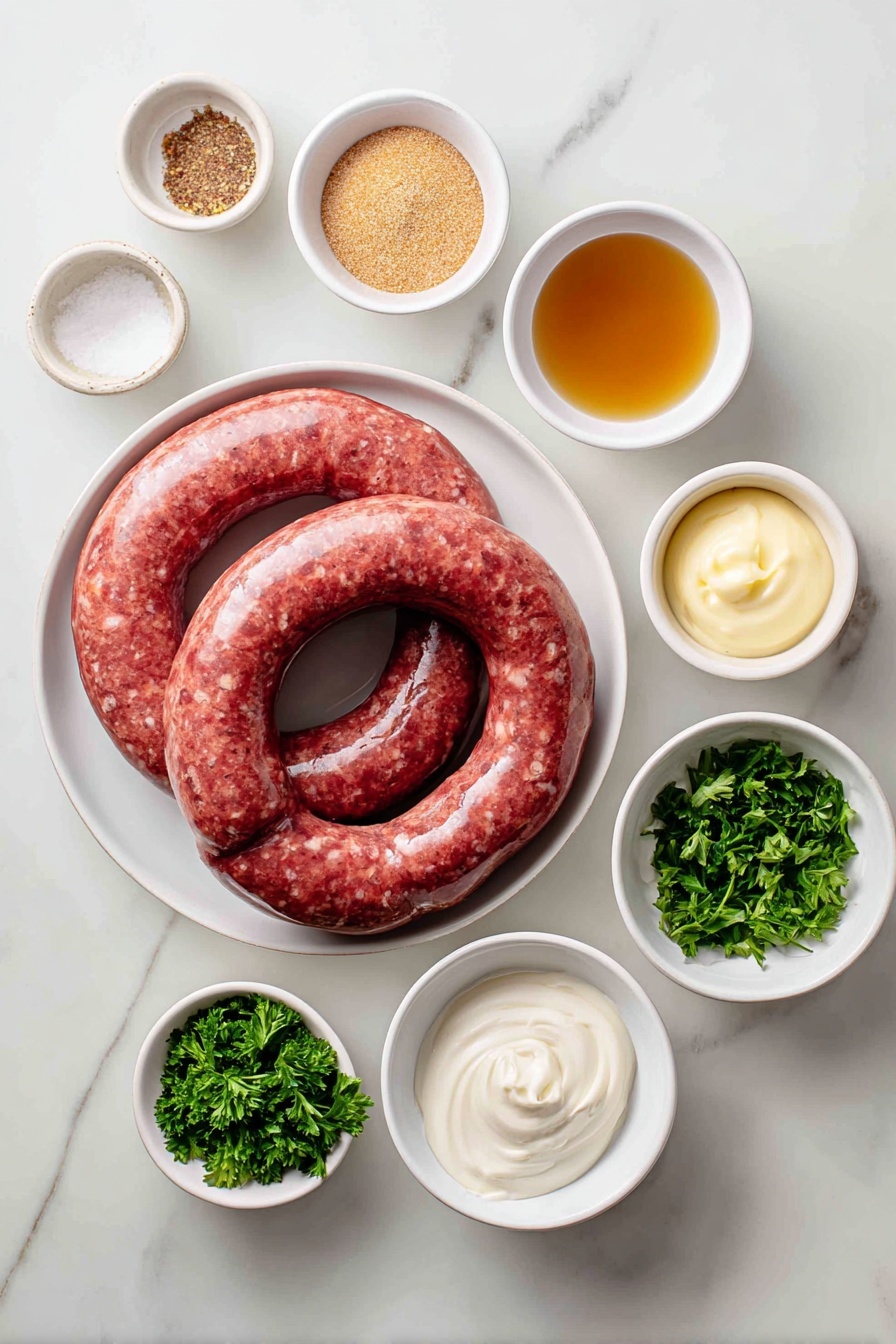 Mustard Kielbasa Bites, kielbasa appetizer ideas, easy sausage snacks, game day party recipes, savory appetizer recipes - Flat lay of two whole rings of fresh kielbasa sausage, a small white bowl of coarse ground Dijon mustard, a small white bowl of apple cider vinegar, a small white bowl of light brown sugar, a small white bowl with Worcestershire sauce, a small white bowl of creamy mayonnaise, and a few sprigs of vibrant green chopped parsley arranged symmetrically in simple white ceramic bowls and plates, placed on a clean white marble surface, soft natural light, photo taken with an iPhone, professional food photography style, fresh ingredients, white ceramic bowls, no bottles, no duplicates, no utensils, no packaging --ar 2:3 --v 7 --p m7354615311229779997