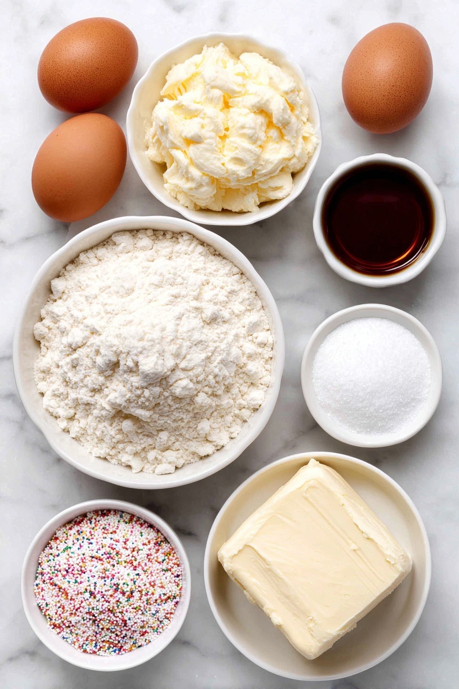 Birthday Cake Cookies with Cream Cheese Frosting, birthday cake cookie recipe, vanilla cookie recipes, fun baking ideas, easy cookie recipes - Flat lay of a small mound of pale yellow unsalted butter softened, a simple white ceramic bowl filled with fine granulated sugar sparkling naturally, two whole brown eggs with clean shells, a small white bowl containing clear vanilla extract, a neat pile of soft white cake flour, a small white bowl with pure white cornstarch powder, a small white bowl holding fine baking powder, a small cluster of coarse white table salt, a small white bowl filled with smooth cream cheese block, a small white ceramic bowl of fine powdered sugar, and a small white bowl of tiny multicolored confetti crumbs, all arranged symmetrically on a clean white marble surface, soft natural light, photo taken with an iPhone, professional food photography style, fresh ingredients, white ceramic bowls, no bottles, no duplicates, no utensils, no packaging --ar 2:3 --v 7 --p m7354615311229779997