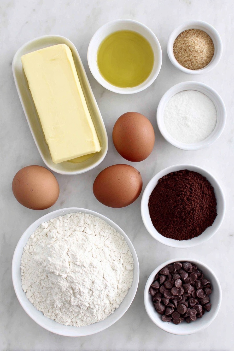 Devil’s Food Cookie Sandwiches, decadent chocolate dessert, homemade cookie sandwiches, rich chocolate ganache cookies, easy chocolate treat - Flat lay of a smooth block of unsalted butter, a small mound of light brown sugar, a small mound of granulated sugar, a small white bowl filled with pale golden cooking oil, two whole brown eggs with clean shells, a small white bowl with clear vanilla extract, a neat pile of fine cake flour, a small heap of dark Dutch cocoa powder, a few small white ceramic bowls each holding baking powder, baking soda, and table salt, a small white bowl of powdered sugar, a small pile of glossy semisweet chocolate chips, a small white bowl filled with heavy cream placed on a clean white marble surface, soft natural light, photo taken with an iPhone, professional food photography style, fresh ingredients, white ceramic bowls, no bottles, no duplicates, no utensils, no packaging --ar 2:3 --v 7 --p m7354615311229779997