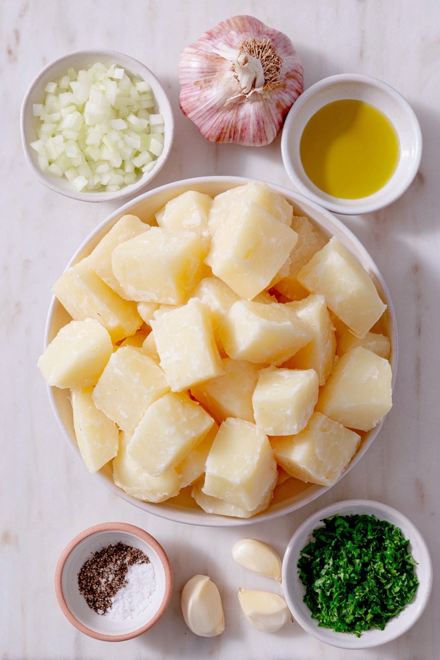 Garlic Potato Soup for Hangover Recovery, hangover cure soup, comforting potato soup, nourishing recovery soup, soothing garlic potato soup - Flat lay of a small white ceramic bowl filled with peeled large potato chunks, a small white ceramic bowl holding a large head of soft roasted garlic with some cloves visible, four fresh garlic cloves with pale papery skins intact, a small white ceramic bowl of extra virgin olive oil shimmering, a small white ceramic bowl of golden vegetable broth, a small white ceramic bowl containing finely diced small onion pieces, a small white ceramic bowl with fresh chopped bright green parsley, a small white ceramic bowl with coarse sea salt crystals, a small white ceramic bowl with freshly ground black peppercorns, laid out in perfect symmetry on a clean white marble surface, soft natural light, photo taken with an iPhone, professional food photography style, fresh ingredients, white ceramic bowls, no bottles, no duplicates, no utensils, no packaging --ar 2:3 --v 7 --p m7354615311229779997