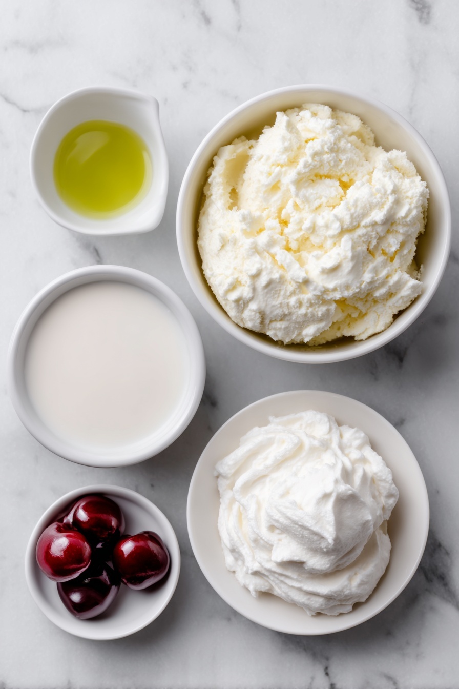 Homemade Peppermint Shamrock Shake, mint green shamrock shake, St. Patrick's Day mint shake, easy peppermint milkshake, festive shamrock shake recipe - Flat lay of a small scoop of creamy vanilla ice cream, a small white ceramic bowl filled with whole milk, a tiny white bowl with clear peppermint extract, a tiny white bowl containing a few drops of vibrant green liquid, a dollop of fresh whipped cream on a simple white plate, a single glossy red maraschino cherry on a small white dish, all arranged symmetrically and balanced, placed on a clean white marble surface, soft natural light, photo taken with an iPhone, professional food photography style, fresh ingredients, white ceramic bowls, no bottles, no duplicates, no utensils, no packaging --ar 2:3 --v 7 --p m7354615311229779997