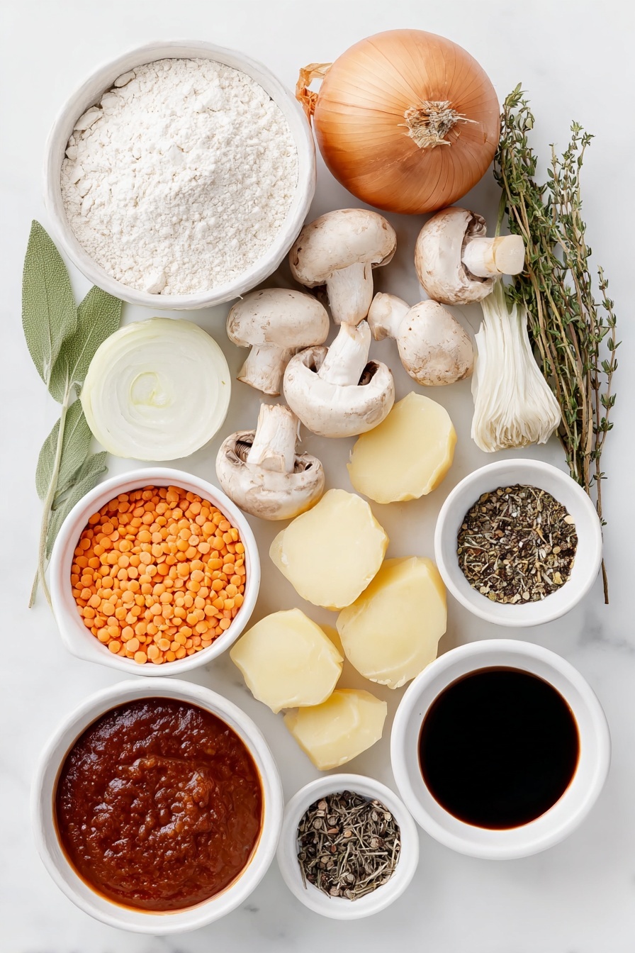 Vegan Mushroom Stew, hearty vegan mushroom stew, plant-based mushroom stew, vegan mushroom soup, comforting vegan stew - Flat lay of a whole yellow onion, a small pile of sliced orange carrots, a small pile of sliced celery stalks, halved baby Bella mushrooms, several thinly sliced garlic cloves, a few sprigs of dried thyme, a small heap of dried oregano leaves, a small heap of dried sage leaves, a small white ceramic bowl filled with all-purpose flour, a small white ceramic bowl with dark balsamic vinegar, a small white ceramic bowl with dark soy sauce, halved baby yellow potatoes, a small white ceramic bowl containing uncooked split red lentils, a small white ceramic bowl with smooth red tomato sauce, a small white ceramic bowl filled with golden vegetable broth, two fresh bay leaves, a small white ceramic bowl of coarse kosher salt, a small white ceramic bowl of freshly cracked black pepper, all arranged symmetrically and balanced, placed on a clean white marble surface, soft natural light, photo taken with an iPhone, professional food photography style, fresh ingredients, white ceramic bowls, no bottles, no duplicates, no utensils, no packaging --ar 2:3 --v 7 --p m7354615311229779997