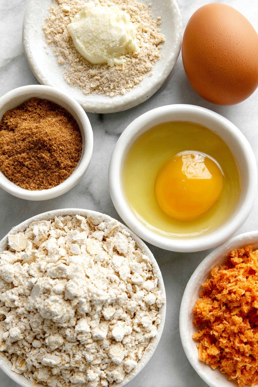 Healthy Carrot Oatmeal Cookies, nutritious carrot cookies, wholesome oatmeal cookies, healthy cookie recipes, easy carrot oatmeal snacks - Flat lay of a small heap of instant oats, a small mound of whole wheat flour, a tiny pile of ground cinnamon, a pinch of salt grains, a small mound of baking powder, a few tablespoons of melted coconut oil in a small white ceramic bowl, one large whole uncracked brown egg, a small white ceramic bowl with pure maple syrup, a small white ceramic bowl with vanilla extract, and a small pile of freshly grated bright orange carrots, all arranged symmetrically on a clean white marble surface, soft natural light, photo taken with an iPhone, professional food photography style, fresh ingredients, white ceramic bowls, no bottles, no duplicates, no utensils, no packaging --ar 2:3 --v 7 --p m7354615311229779997