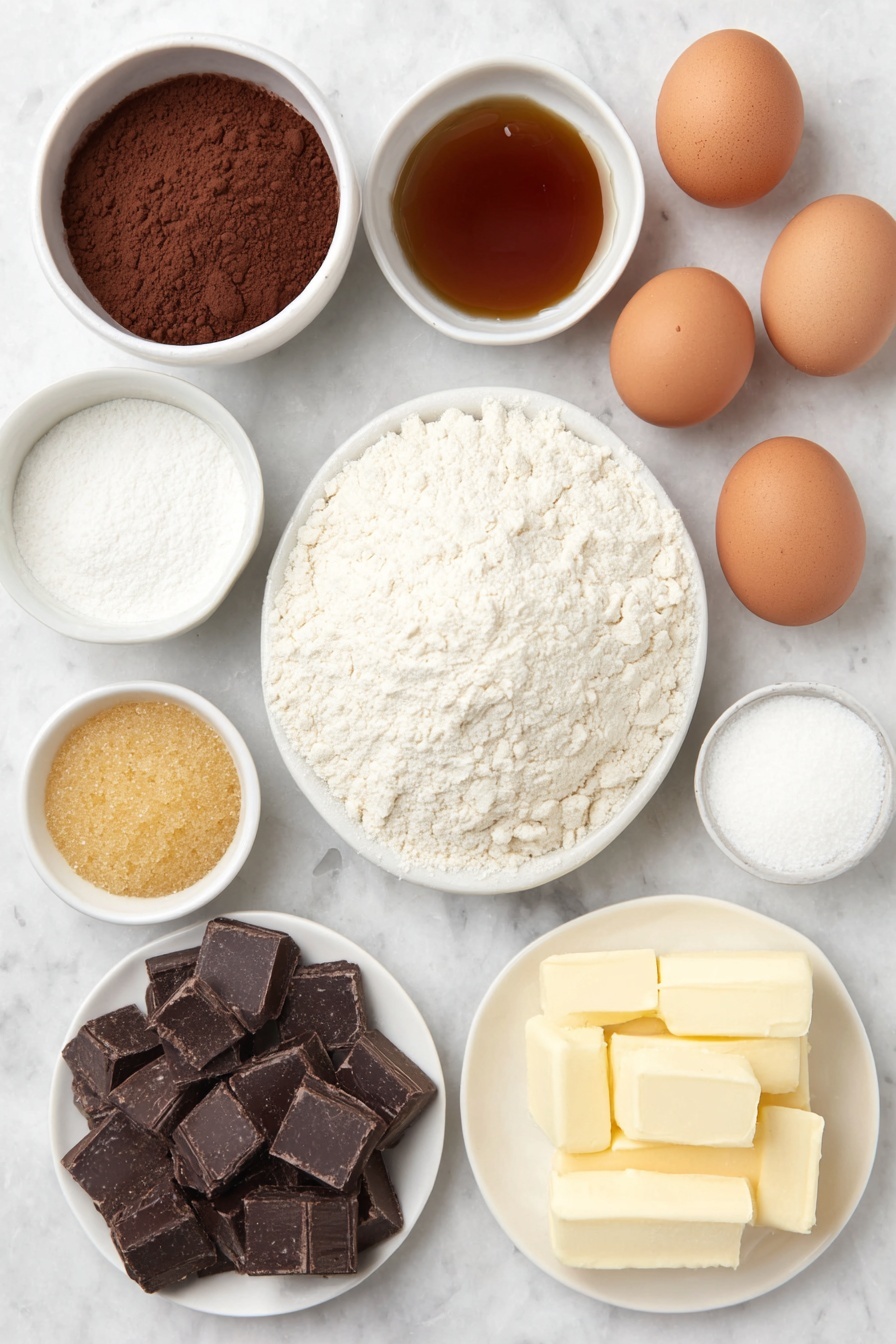 Chewy Fudgy Brownie Cookies, chocolate brownie cookies, chewy brownie recipe, fudgy cookie recipe, chocolate dessert treats - Flat lay of a small mound of plain all-purpose flour on a simple white ceramic plate, a small white bowl filled with fine cocoa powder, a small white bowl containing light brown baking powder, a tiny white bowl with fine salt crystals, a pile of chopped dark chocolate chunks on a white ceramic dish, a few cubes of solid salted butter on a white plate, two whole uncracked brown eggs, a small white bowl heaped with fine granulated sugar, a small white bowl holding golden raw Demerara sugar crystals, a small white bowl with rich amber vanilla extract, and a handful of shiny dark chocolate chips scattered neatly on a simple white ceramic plate— all ingredients arranged with perfect symmetry, fresh and natural appearance, placed on a clean white marble surface, soft natural light, photo taken with an iPhone, professional food photography style, fresh ingredients, white ceramic bowls, no bottles, no duplicates, no utensils, no packaging --ar 2:3 --v 7 --p m7354615311229779997
