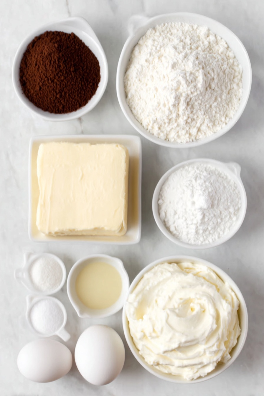 Cheesecake Tiramisu Cookies, tiramisu cookie recipe, coffee-flavored cookies, mascarpone frosting cookies, easy dessert cookies - Flat lay of a small mound of unsalted butter with a slightly softened texture, a small white ceramic bowl filled with dark brown instant espresso powder, a neat pile of fine all purpose flour, a small heap of white cornstarch powder, a small heap of baking powder crystals, a small heap of baking soda powder, a modest pile of white granulated sugar, one large whole egg with a smooth clean shell, a small white ceramic bowl of pale golden vanilla extract, a chunk of cold creamy mascarpone cheese, a small white ceramic bowl of powdered sugar, a small white ceramic bowl of cocoa powder with a rich dark brown color, a small white ceramic bowl filled with cold heavy whipping cream with gentle ripples on the surface, all ingredients perfectly arranged in balanced symmetry on a clean white marble surface, soft natural light, photo taken with an iPhone, professional food photography style, fresh ingredients, white ceramic bowls, no bottles, no duplicates, no utensils, no packaging --ar 2:3 --v 7 --p m7354615311229779997