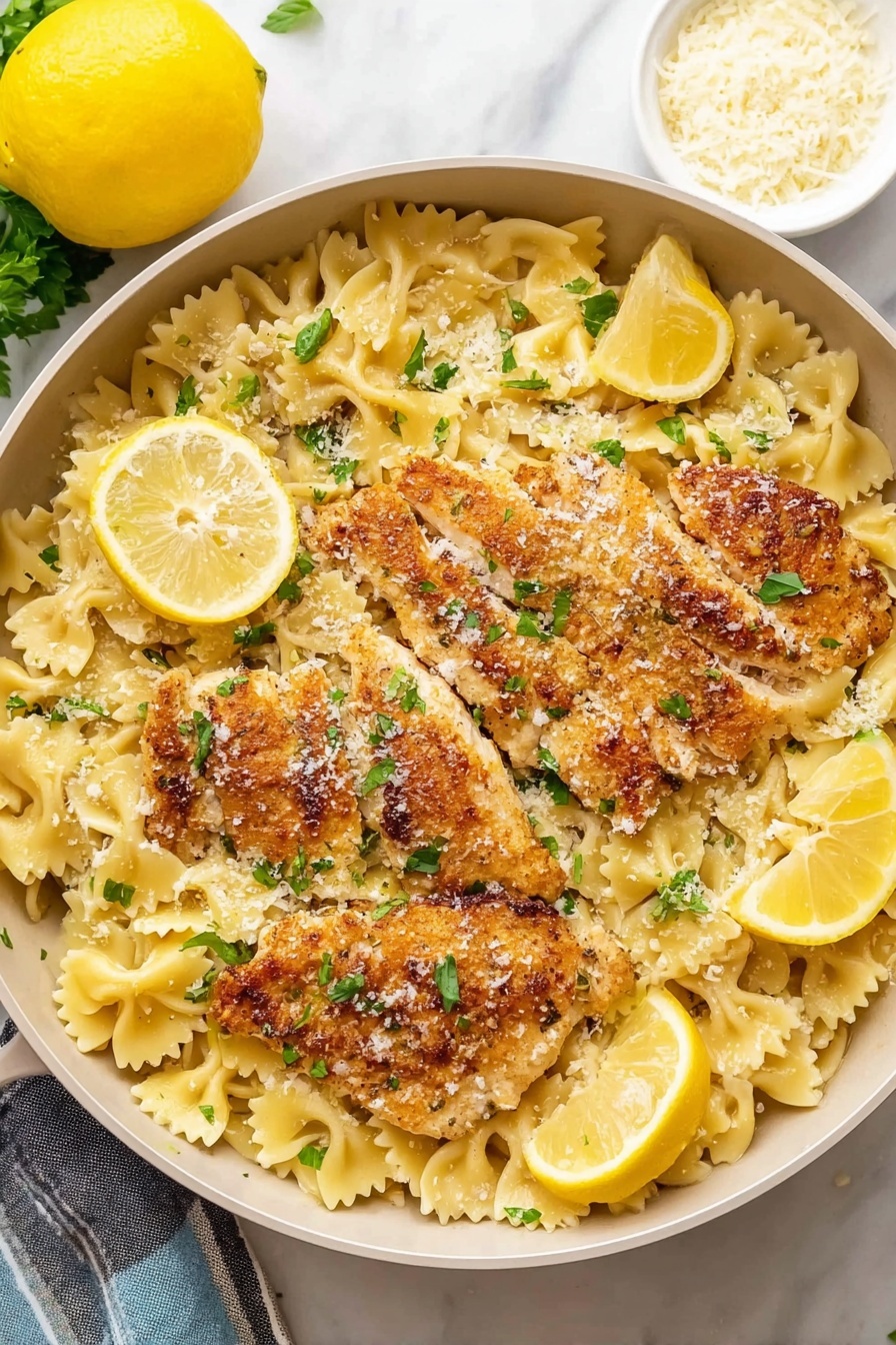 Lemon Chicken Pasta, lemon chicken pasta dish, easy lemon chicken pasta recipe, quick lemon pasta dinner, flavorful lemon chicken pasta - A round white pan filled with three golden brown cooked fillets placed on a bed of light yellow farfalle pasta. The pasta has a soft texture and is mixed with small green parsley leaves sprinkled evenly throughout. Around the fillets and pasta, there are quartered lemon wedges adding bright yellow pops of color. The dish is lightly dusted with finely grated parmesan, giving a speckled white texture on top. The pan sits on a white marbled surface, with a whole lemon and a white bowl with grated cheese partially visible in the background. photo taken with an iphone --ar 2:3 --v 7