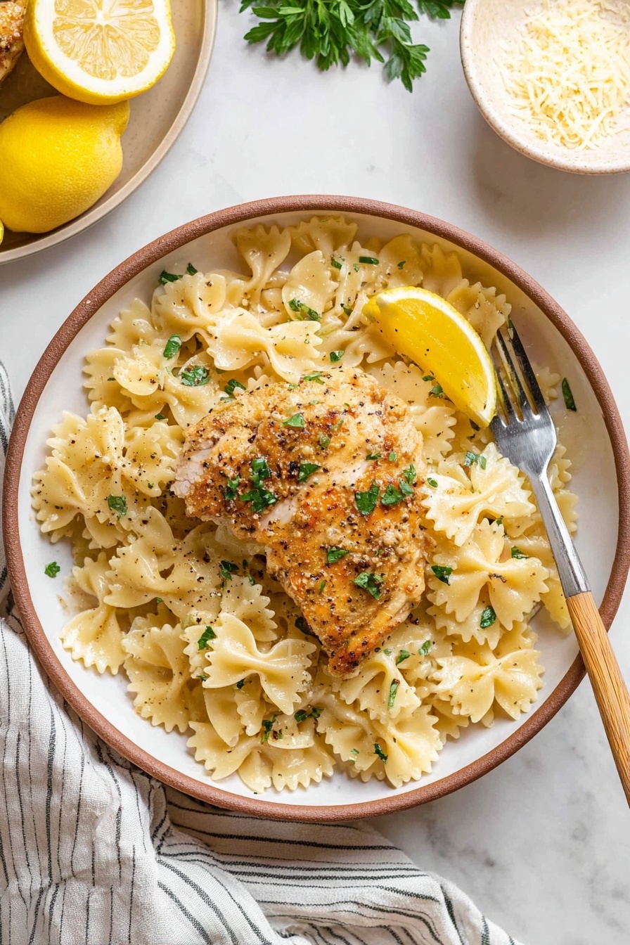 Lemon Chicken Pasta, lemon chicken pasta dish, easy lemon chicken pasta recipe, quick lemon pasta dinner, flavorful lemon chicken pasta - A round white plate with a brown rim holds a serving of farfalle pasta layered evenly on the bottom, showing a light creamy-yellow color with a slight shine. On top of the pasta lies a golden-brown cooked chicken piece, slightly crisp on the outside, garnished with small green parsley leaves and black pepper flakes. A small lemon wedge sits on the chicken, adding a bright yellow contrast. A fork with a light wooden handle rests on the right side of the plate, tipped slightly into the pasta. The setting is on a white marbled surface with part of a striped cloth visible at the bottom, a beige plate holding a lemon and parsley partly seen in the top left, and a white bowl with grated cheese in the top right. photo taken with an iphone --ar 2:3 --v 7