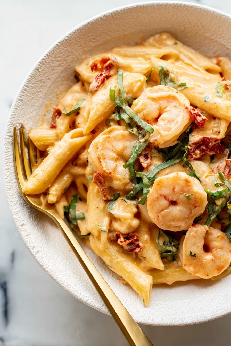Marry Me Shrimp Pasta with Sun-Dried Tomatoes, shrimp pasta with sun-dried tomatoes, creamy shrimp pasta recipe, quick seafood pasta, easy sun-dried tomato pasta - A white textured bowl holds a creamy pasta with three clear layers: the bottom is light yellow penne pasta coated in a smooth, creamy orange sauce; the middle layer has pink shrimp curled on top of the pasta, some mixed inside; the top layer includes thin strips of bright green herbs and small bits of red, likely sun-dried tomatoes, scattered around. A shiny golden fork rests on the left side of the bowl, touching the food. The bowl sits on a white marbled surface. photo taken with an iphone --ar 2:3 --v 7