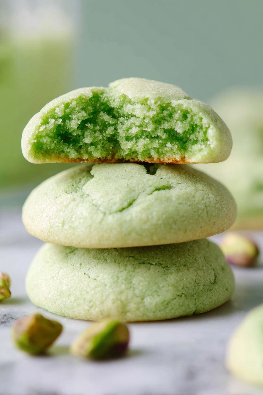 Pistachio Pudding Cookies, pistachio cookies, green pudding cookies, soft pistachio cookies, holiday cookie recipes - The image shows a stack of three soft, thick green cookies on a white marbled surface. The bottom two cookies are whole and round with slightly cracked tops, while the top cookie is broken in half, revealing a light and crumbly green inside. Around the cookies, there are a few greenish-brown pistachios scattered on the surface. The background is blurred and light green, making the cookies the main focus. photo taken with an iphone --ar 2:3 --v 7