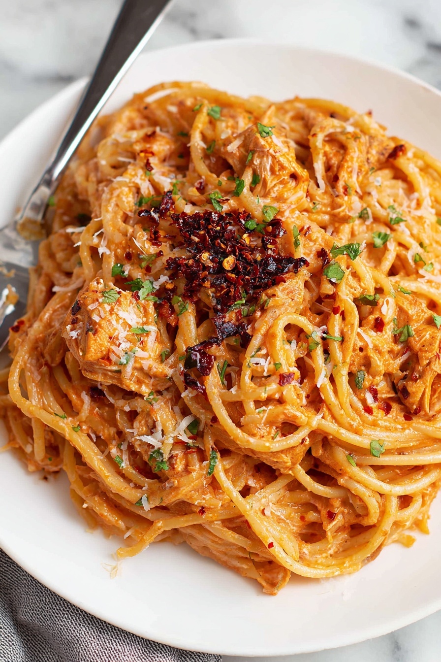 Caramelized Onion Pasta with Chili Oil, caramelized onion pasta, spicy chili oil pasta, easy flavored pasta recipe, comforting onion pasta dish - A white plate with a pile of creamy spaghetti covered in an orange-red sauce, with visible pieces of chicken mixed in. On top, there are dark red chili flakes and small bits of green herbs sprinkled all over. Thin strands of spaghetti create a tangled texture, and some grated white cheese is scattered lightly across the dish. A silver fork is placed to the upper left side of the plate, which rests on a white marbled surface. Photo taken with an iphone --ar 2:3 --v 7