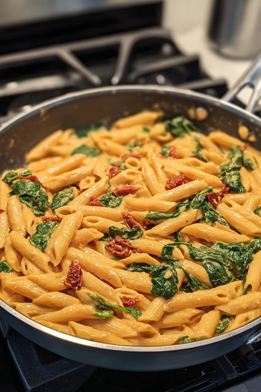 Creamy Spinach Tomato Pasta, creamy pasta with spinach and tomatoes, quick vegetarian pasta, easy spinach pasta recipe, delicious sun-dried tomato pasta - A pan filled with creamy penne pasta mixed with green spinach leaves and small pieces of red sun-dried tomatoes. The penne pasta has a smooth, light orange sauce coating each piece evenly. The spinach adds dark green patches throughout the dish, while the sun-dried tomatoes create bright red spots scattered on top. The pan is dark gray with a silver rim, resting on a stove with black and gray elements. The scene captures a close-up view showing the creamy texture and mixed ingredients clearly. photo taken with an iphone --ar 2:3 --v 7