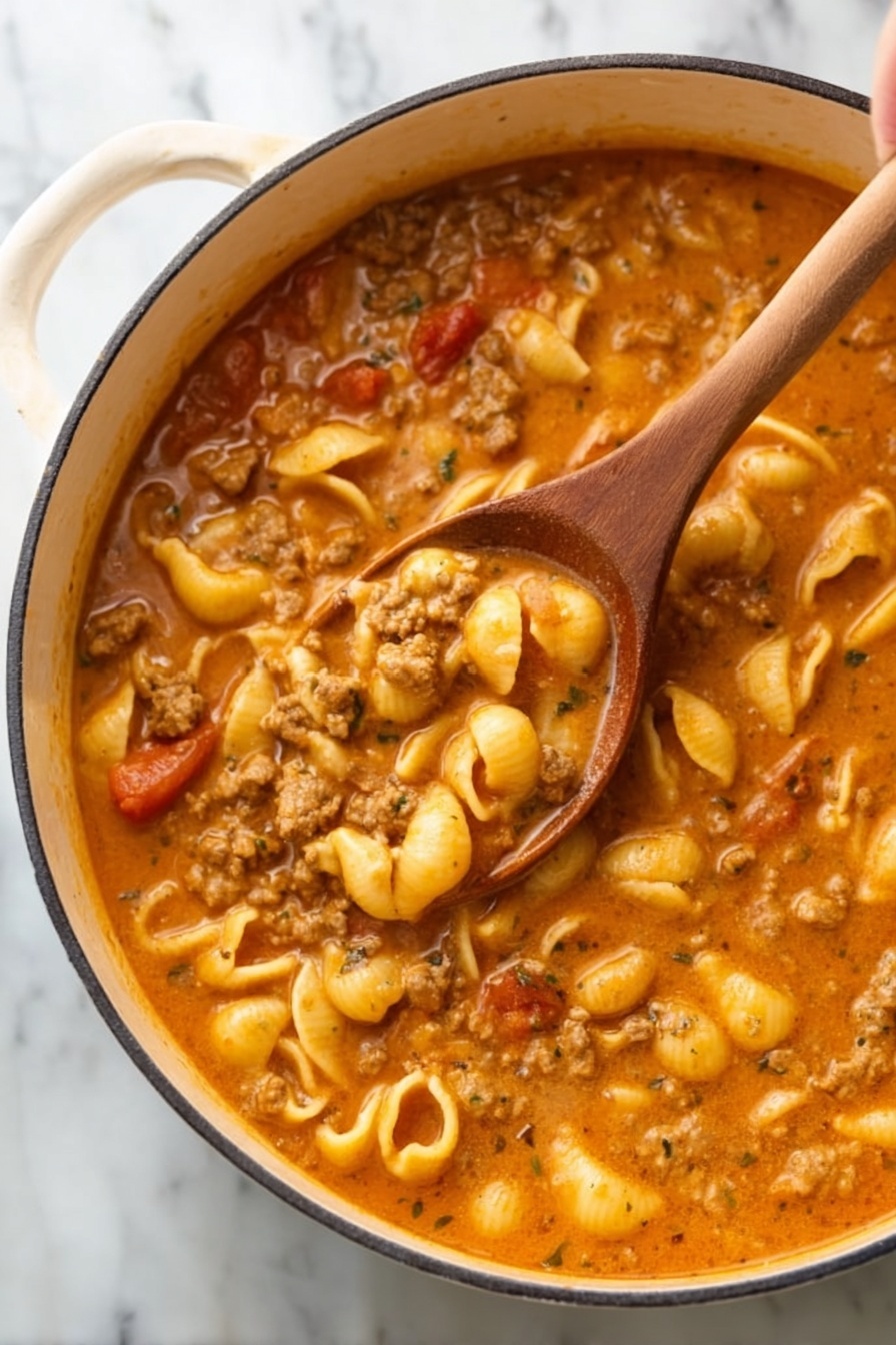 Taco Pasta Skillet, easy taco pasta dinner, one-pan taco pasta, cheesy taco pasta recipe, quick taco pasta ideas - The image shows a white pot filled with a creamy soup with three clear layers: the first layer is small pasta shells in light yellow, floating throughout the pot; the second layer is browned ground meat mixed evenly; the third layer is a thick orange-brown broth with visible small pieces of tomato and mushrooms scattered well. A wooden spoon held by a woman's hand scoops some soup showing the texture of the pasta and meat inside the thick broth. The pot sits on a white marbled surface photo taken with an iphone --ar 2:3 --v 7