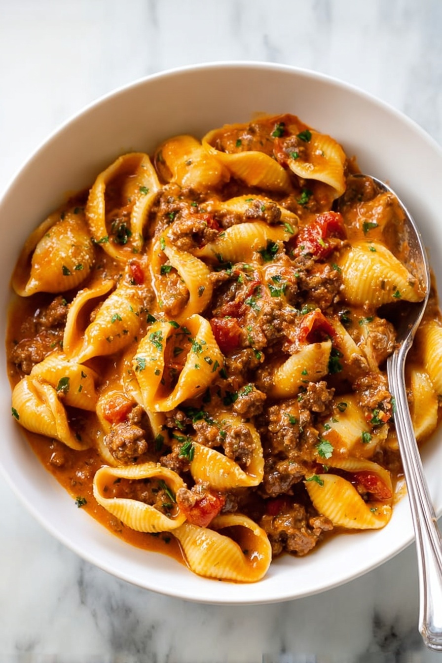 Taco Pasta Skillet, easy taco pasta dinner, one-pan taco pasta, cheesy taco pasta recipe, quick taco pasta ideas - A white bowl filled with three layers of shell pasta in a thick orange sauce, mixed with small chunks of ground meat and diced red tomatoes. The pasta shells are slightly shiny and soft, coated fully with the sauce, which looks creamy and smooth. Brownish bits of meat and bits of green herbs are scattered evenly on top and mixed throughout, adding color contrast. A silver fork rests on the side of the bowl, partially inside the dish, and the bowl sits on a white marbled surface. photo taken with an iphone --ar 2:3 --v 7