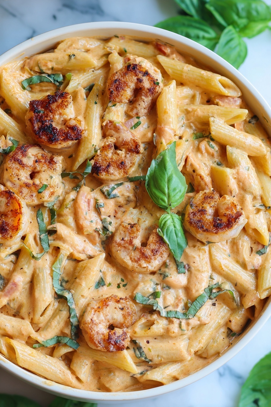 Marry Me Shrimp Pasta with Sun-Dried Tomatoes, shrimp pasta with sun-dried tomatoes, creamy shrimp pasta recipe, quick seafood pasta, easy sun-dried tomato pasta - This dish shows a white bowl full of creamy pasta with shrimp. The bottom layer has penne pasta colored light yellow mixed with a smooth, thick creamy sauce in a light orange color, speckled with herbs. Resting on top are several medium-sized shrimp, browned with a slight crisp on the edges, their pinkish-orange bodies curved and holding the sauce well. Scattered fresh green basil leaves add color contrast, giving a fresh touch. The bowl is placed on a white marbled surface with some green leaves visible around. Photo taken with an iphone --ar 2:3 --v 7