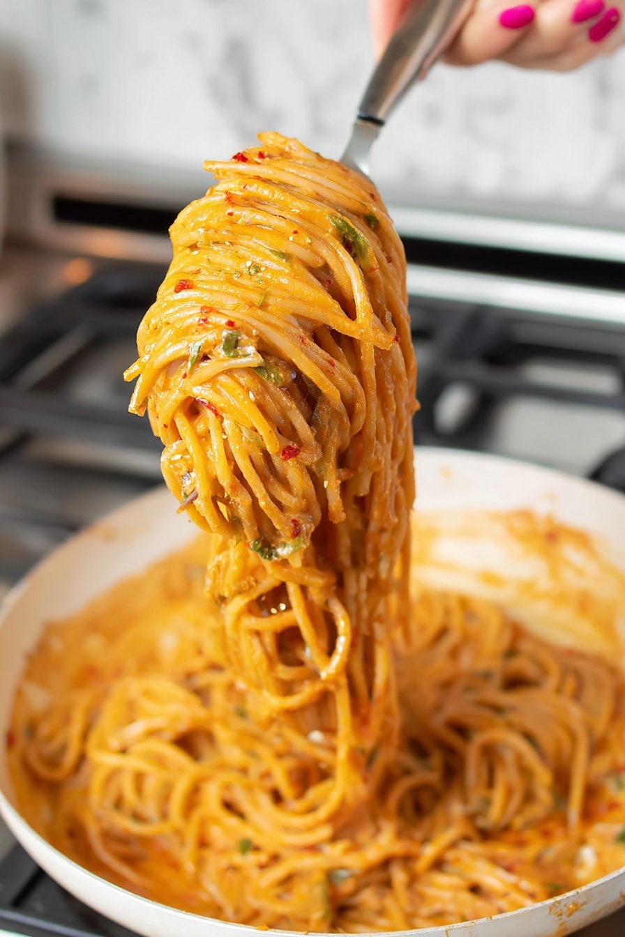 Caramelized Onion Pasta with Chili Oil, caramelized onion pasta, spicy chili oil pasta, easy flavored pasta recipe, comforting onion pasta dish - The image shows thick spaghetti noodles coated in a rich, creamy orange sauce with visible red chili flakes and small green herbs mixed in. The noodles are tightly twirled around a metal pasta fork held by a woman's hand, lifted above a white pan filled with more of the same saucy noodles. The sauce looks smooth and glossy, clinging well to each strand of pasta. The background includes a stove with metallic burners and a white marbled surface below the pan. photo taken with an iphone --ar 2:3 --v 7