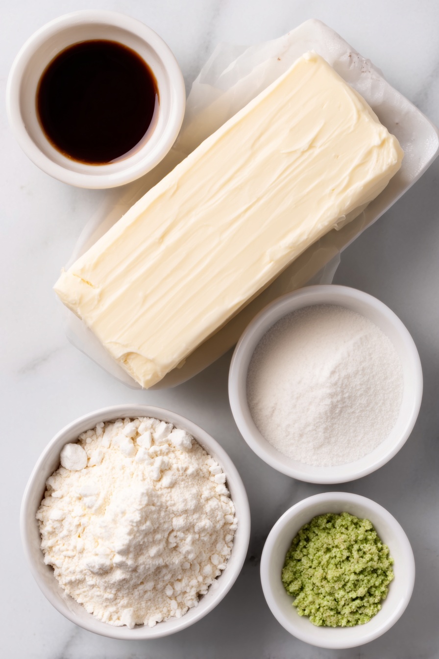 Pistachio Pudding Cookies, pistachio cookies, green pudding cookies, soft pistachio cookies, holiday cookie recipes - Flat lay of a stick of unsalted butter softened with a creamy texture, a small white ceramic bowl filled with fine powdered sugar, a small white ceramic bowl containing pale green instant pistachio pudding mix powder, a small white ceramic bowl with clear almond extract, another small white ceramic bowl with vanilla extract, a small mound of all-purpose flour, a few drops of vivid green food coloring in a small white ceramic bowl, all arranged symmetrically and evenly spaced, placed on a clean white marble surface, soft natural light, photo taken with an iPhone, professional food photography style, fresh ingredients, white ceramic bowls, no bottles, no duplicates, no utensils, no packaging --ar 2:3 --v 7 --p m7354615311229779997