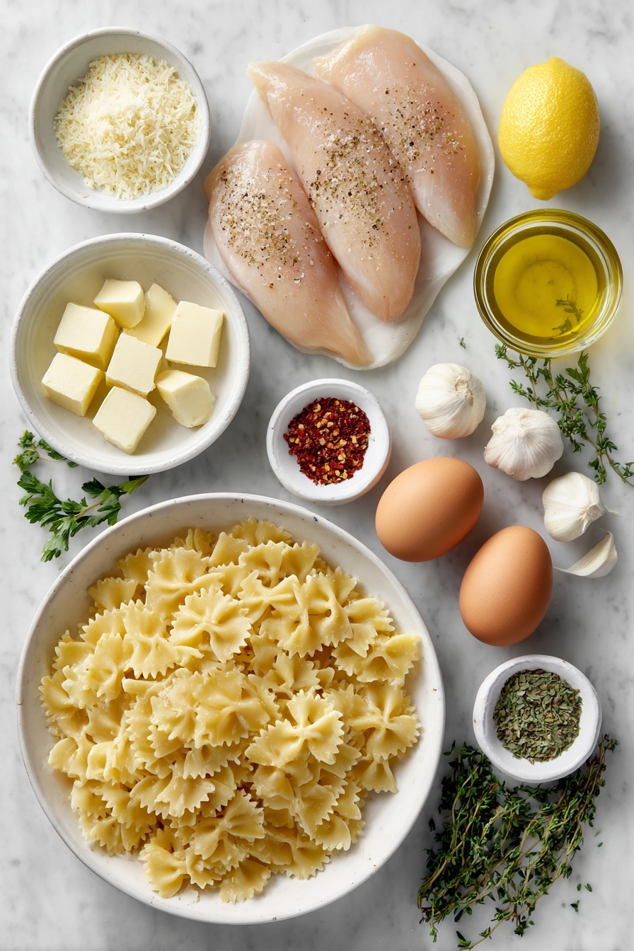 Lemon Chicken Pasta, lemon chicken pasta dish, easy lemon chicken pasta recipe, quick lemon pasta dinner, flavorful lemon chicken pasta - Flat lay of thin linguine pasta nestled in a simple white ceramic bowl, four thin-sliced boneless skinless chicken breasts seasoned with coarse kosher salt, cracked fresh-ground black pepper, and lemon zest arranged neatly beside, a small white bowl filled with bright golden olive oil, another white bowl holding creamy pale butter cubes, three fresh garlic cloves peeled and whole, a tiny white bowl of vibrant red pepper flakes, a small white bowl containing clear white wine, another white bowl with light-colored chicken broth, a small white bowl with bright yellow lemon juice, a modest heap of fragrant Italian seasoning beside the bowls, finely grated Parmesan cheese heaped in a white ceramic bowl, two glossy whole brown eggs lying uncracked, fresh lemon wedges with bright yellow rinds, and sprigs of fresh green parsley and thyme perfectly placed—all ingredients fresh and natural, arranged symmetrically and balanced, placed on a clean white marble surface, soft natural light, photo taken with an iPhone, professional food photography style, fresh ingredients, white ceramic bowls, no bottles, no duplicates, no utensils, no packaging --ar 2:3 --v 7 --p m7354615311229779997