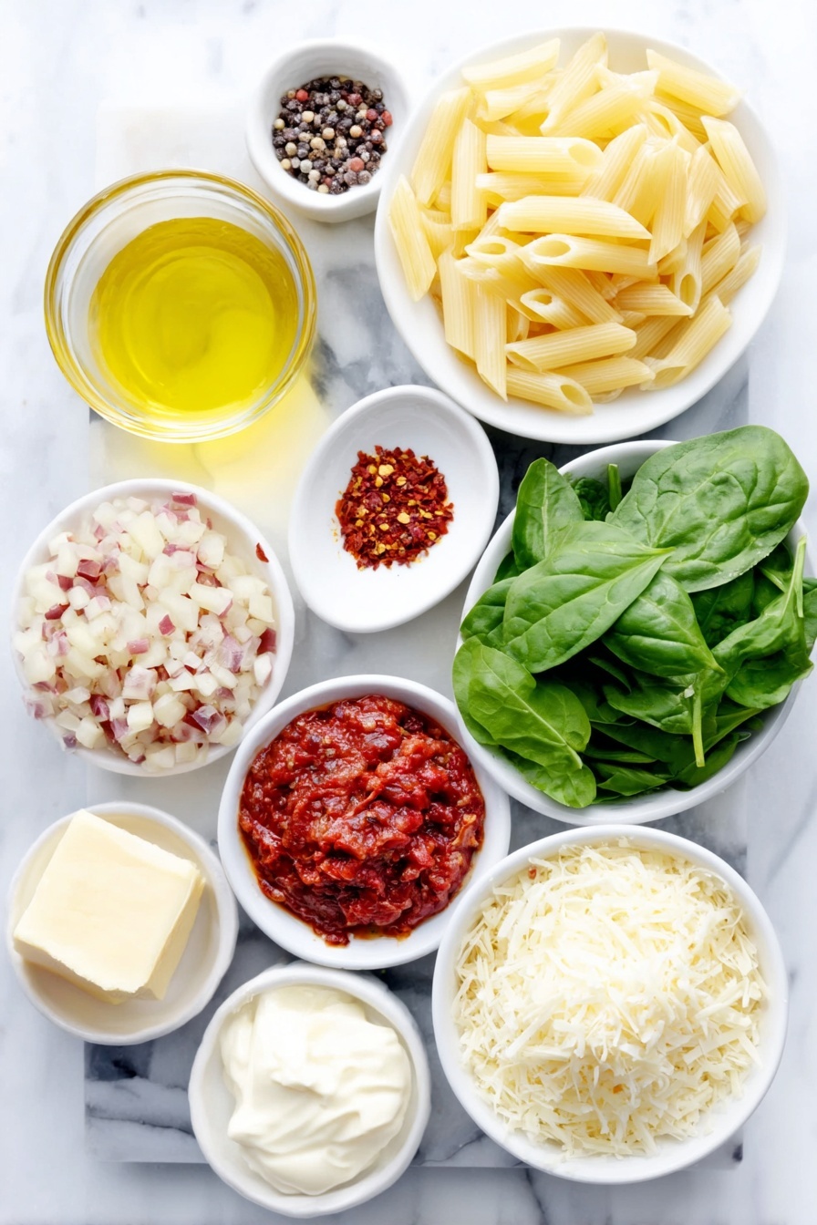 Creamy Spinach Tomato Pasta, creamy pasta with spinach and tomatoes, quick vegetarian pasta, easy spinach pasta recipe, delicious sun-dried tomato pasta - Flat lay of fresh garlic cloves, small white ceramic bowl of red pepper flakes, small white ceramic bowl of black pepper, small white ceramic bowl of sun-dried tomato oil, fresh basil leaves thinly sliced on a simple white plate, a white ceramic bowl filled with clear chicken stock, uncooked penne pasta scattered neatly, small white ceramic bowl of kosher salt, fresh vibrant spinach leaves on a simple white plate, small white ceramic bowl of heavy cream, small white ceramic bowl of finely grated Parmesan cheese, small white ceramic bowl of thick tomato paste, chopped sun-dried tomatoes on a plain white plate, a medium fresh onion diced on a white ceramic dish, all arranged in perfect symmetry and balanced proportions, placed on a clean white marble surface, soft natural light, photo taken with an iPhone, professional food photography style, fresh ingredients, white ceramic bowls, no bottles, no duplicates, no utensils, no packaging --ar 2:3 --v 7 --p m7354615311229779997