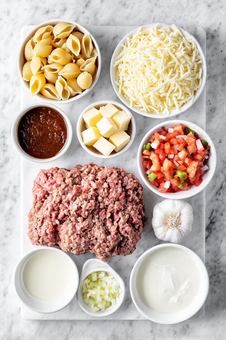 Taco Pasta Skillet, easy taco pasta dinner, one-pan taco pasta, cheesy taco pasta recipe, quick taco pasta ideas - Flat lay of medium pasta shells, a mound of shredded cheddar cheese, a mound of shredded Monterey Jack cheese, small cubes of Velveeta cheese, a portion of raw ground beef, two whole uncracked garlic cloves, a small white bowl of tomato paste, a small white bowl of Worcestershire sauce, a small white bowl of beef broth, a small white bowl of chicken broth, a small white bowl of whole milk, a small white bowl of diced fresh tomatoes with green chilies, a small white bowl of butter placed on a clean white marble surface, soft natural light, photo taken with an iPhone, professional food photography style, fresh ingredients, white ceramic bowls, no bottles, no duplicates, no utensils, no packaging --ar 2:3 --v 7 --p m7354615311229779997