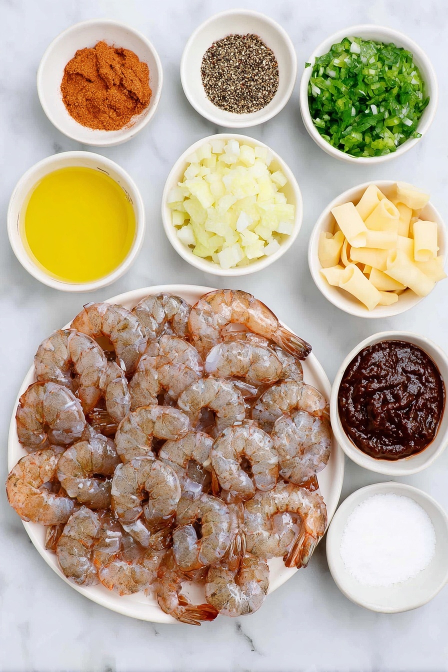 Marry Me Shrimp Pasta with Sun-Dried Tomatoes, shrimp pasta with sun-dried tomatoes, creamy shrimp pasta recipe, quick seafood pasta, easy sun-dried tomato pasta - Flat lay of extra large raw shrimp with shells peeled, a small mound of smoked paprika powder, a small heap of dried Italian seasoning herbs, a few black peppercorns, coarse sea salt crystals, a small white bowl of rich sun-dried tomato oil, a small white bowl of thick deep red tomato paste, diced sun-dried tomatoes, a small white bowl of gluten free 1:1 flour, fresh green spinach leaves diced, a few small cubes of pale yellow butter, finely minced fresh onion, finely minced fresh garlic cloves, a small white bowl of clear vegetable broth, a small white bowl of heavy cream, a small pile of grated parmesan cheese, fresh bright green chopped basil, uncooked gluten free penne pasta, all arranged symmetrically on a simple white ceramic plate and small white ceramic bowls, placed on a clean white marble surface, soft natural light, photo taken with an iPhone, professional food photography style, fresh ingredients, white ceramic bowls, no bottles, no duplicates, no utensils, no packaging --ar 2:3 --v 7 --p m7354615311229779997