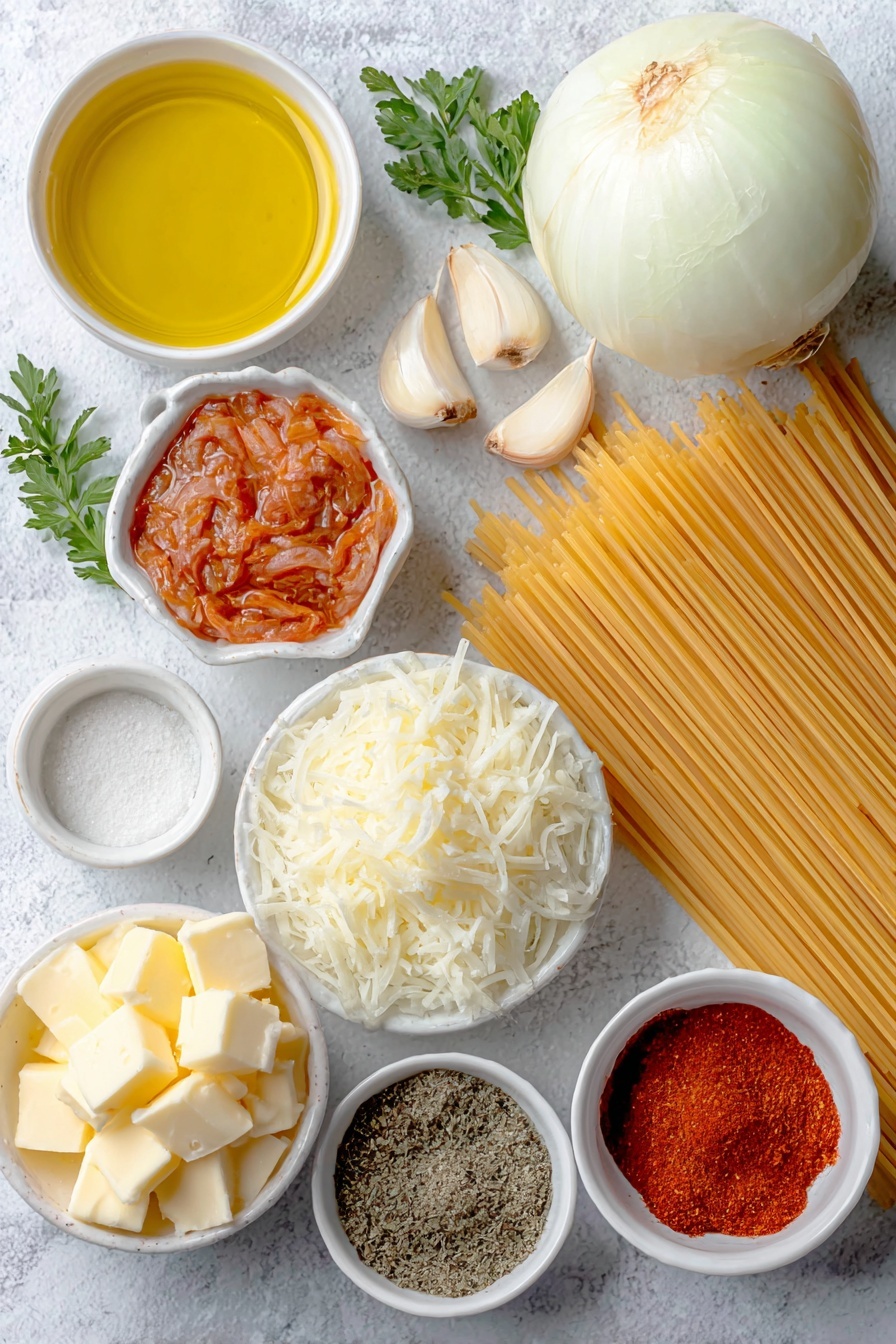 Caramelized Onion Pasta with Chili Oil, caramelized onion pasta, spicy chili oil pasta, easy flavored pasta recipe, comforting onion pasta dish - Flat lay of a bundle of dry thin spaghetti, a large white onion thinly sliced, a few cloves of whole uncracked garlic, a small white bowl of golden olive oil, a small white bowl with creamy yellow butter cubes, a small white bowl filled with spicy red chili crisp oil, a small white bowl of dark soy sauce, a small white bowl of amber honey, a small white bowl of off-white half and half cream, a small white bowl of red paprika powder, a small white bowl of pale beige garlic powder, a small white bowl of dried Italian herb seasoning, a small white bowl of ground black pepper, a small white dish with freshly grated parmesan cheese, and a few sprigs of fresh green parsley, all arranged symmetrically on a clean white marble surface, soft natural light, photo taken with an iPhone, professional food photography style, fresh ingredients, white ceramic bowls, no bottles, no duplicates, no utensils, no packaging --ar 2:3 --v 7 --p m7354615311229779997